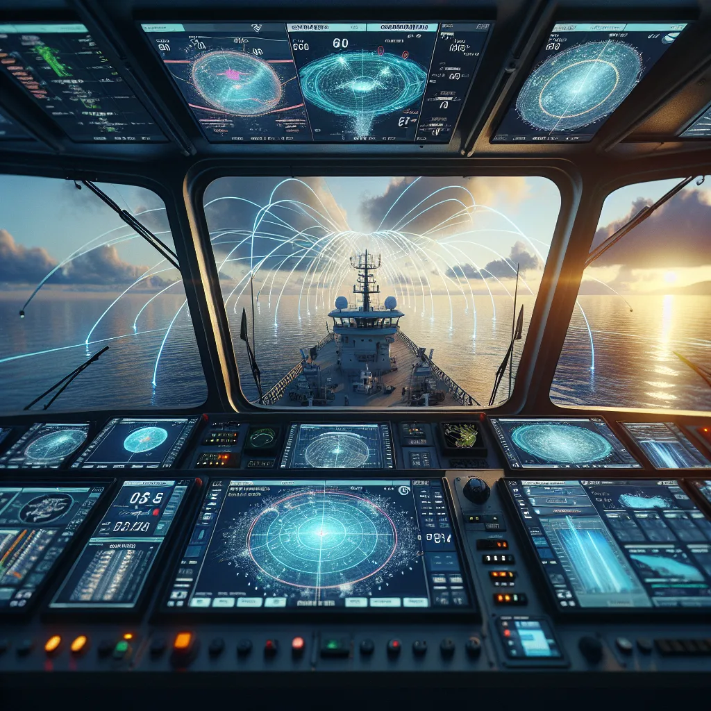 A hyper-realistic maritime scene at sunset showing a large commercial vessel's bridge equipped with multiple navigation screens displaying GPS and GNSS satellite constellations, radar overlays, and electronic chart systems. Outside the bridge windows, a clear ocean horizon under a partly cloudy sky is visible, with satellite beams connecting invisible to the ship's positioning antennas. The detailed instrumentation includes satellite status indicators for GPS, GLONASS, Galileo, and BeiDou, symbolizing multi-constellation GNSS operation. The environment reflects advanced maritime technology integration with precise navigation instruments.