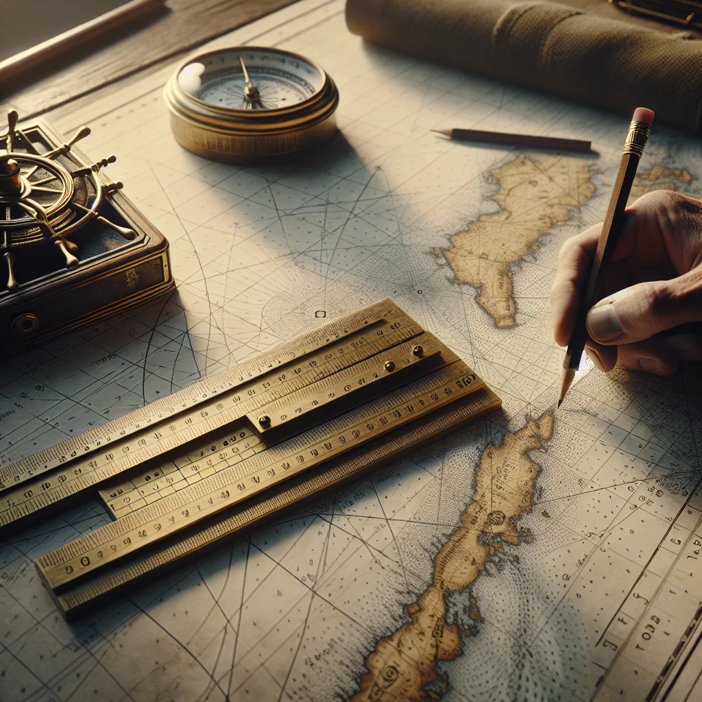A hyper-realistic image of a nautical scene featuring a detailed paper sea chart with nautical symbols and depth contours spread on a wooden table. A pair of brass parallel rulers rests on the chart aligned to a marked course line, alongside a traditional mariner's compass, a pencil, and a captain's hand skillfully adjusting the rulers. Soft natural light highlights the texture of the paper and the metallic shine of the rulers, evoking a classic maritime navigation atmosphere.