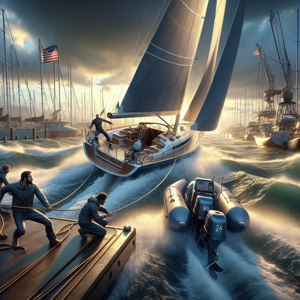 Hyper-realistic image of a sailboat approaching a marina dock under strong crosswind and side current at sunset. The vessel is skillfully maneuvered by a focused skipper using twin engines, while dockhands prepare to secure mooring lines. Water ripples show the effect of cross currents, and flags and fenders flutter in the wind. The background features detailed marina infrastructure with cranes, other moored vessels, and a cloudy sky with dramatic lighting.
