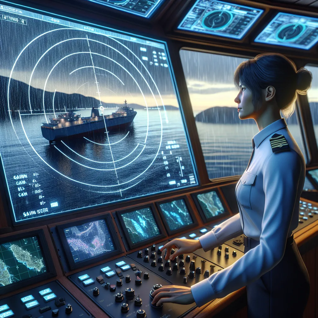 A highly detailed and hyper-realistic maritime bridge scene at dusk showing a professional mariner adjusting radar controls, including gain and clutter filters, on a modern radar display with a detailed radar screen illustrating sea and rain clutter effects; background shows a calm sea with light rain and nearby vessels detected on radar, with navigational charts and AIS overlays visible on adjacent monitors in a technologically advanced ship bridge setting.