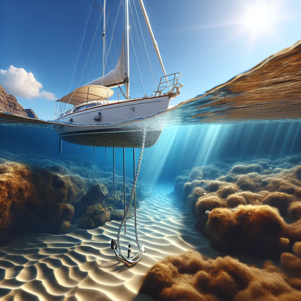 Hyper-realistic nautical scene showing a sailboat anchoring in clear shallow waters with visible seabed variations: golden sandy bottom on one side, dark muddy seabed on another, and rugged rocky outcrops in the background. The anchor chain extends from the boat to the seabed, illustrating the interaction with different substrates. Light rays penetrate the water surface highlighting texture differences. The sky is clear, and subtle water ripples show the boat's slight movement while anchored. Detailed, photorealistic maritime setting emphasizing the technical aspect of anchoring on diverse seabeds.