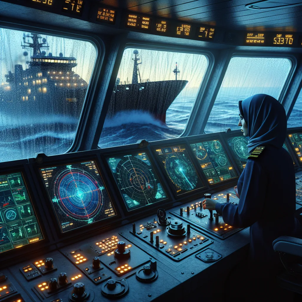 A hyper-realistic maritime bridge scene at dusk featuring a high-tech radar display screen vividly showing sea and rain clutter filters being adjusted; outside the window, a large vessel navigates turbulent seas with raindrops striking the glass; detailed instrumentation panels show radar gain and clutter controls with illuminated numeric values; a focused officer adjusts radar settings while monitoring overlaid target plots, emphasizing the technical precision and operational environment of advanced radar tuning on modern ships.