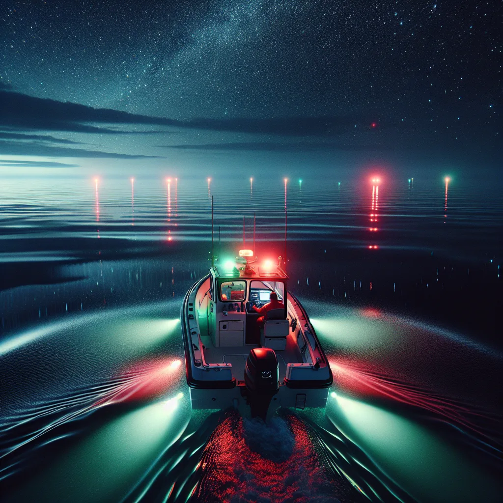 A hyper-realistic night-time nautical scene showing a small motorboat navigating under clear starry sky, with bright red port-side and green starboard-side navigation lights glowing vividly in the dark, calm sea waters reflecting the colorful lights. The boat is equipped with a dim red cockpit light to preserve night vision while the horizon shows faint lighthouse beams piercing the darkness. The scene emphasizes safety and precision in night navigation, with detailed textures on the boat hull and subtle ripples in the water.