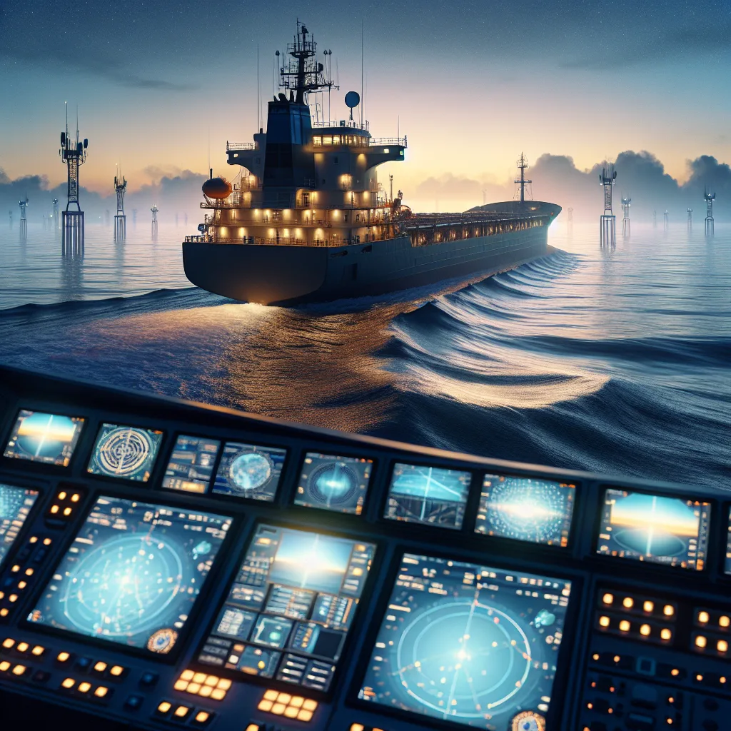A hyper-realistic maritime scene at dusk showing a large cargo ship navigating through a narrow sea channel using advanced GNSS technology; the ship's bridge is illuminated, displaying multiple screens with GPS, GLONASS, and Galileo satellite constellations overlays. The water reflects subtle light from the setting sun, and small waves are visible. On the horizon, faint outlines of satellite dishes and signal towers emphasize modern navigation infrastructure, with a partly cloudy sky showing stars beginning to appear. The image illustrates the integration of multi-constellation satellite navigation systems in complex, real-world maritime operations.