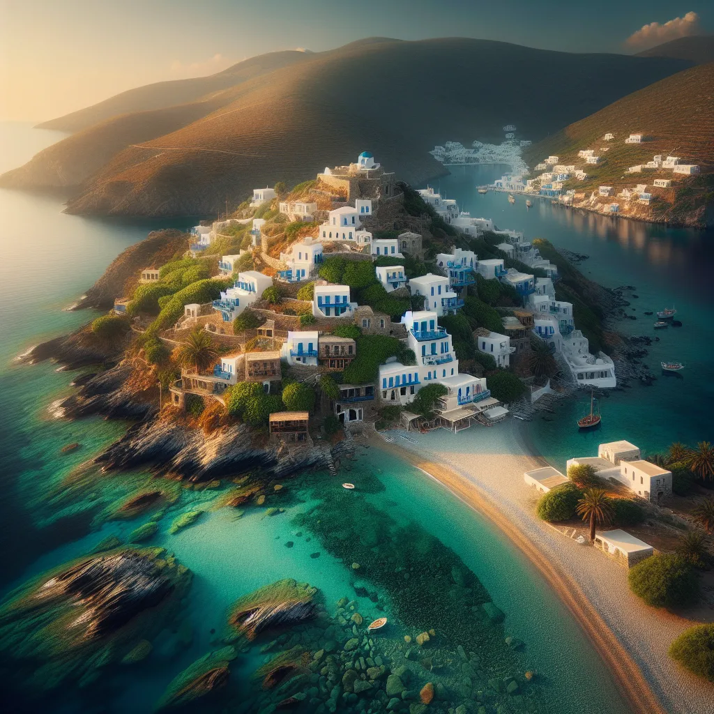 An ultra-detailed hyper-realistic cinematic image of Andros island, showcasing its lush green landscapes with traditional Cycladic villages perched on cliffs overlooking crystal-clear coves and pebble beaches during golden hour summer daylight. The scene captures the contrast between verdant hills, whitewashed houses with blue shutters, and tranquil turquoise waters gently lapping the shore, emphasizing the island’s authentic charm and natural beauty.