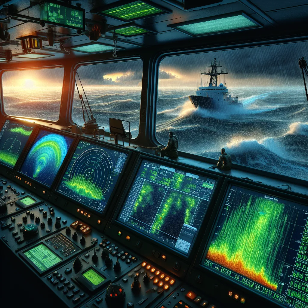 A hyper-realistic maritime bridge scene at dusk, showing a modern ship's radar display vividly illustrating sea clutter and rain clutter effects. The radar screen features green echoes with varying intensities, representing waves and precipitation interference, while lookouts monitor alongside digital instruments including ECDIS; through the windows, rough seas with visible rain and choppy waves under dark clouds, emphasizing challenging weather conditions faced by mariners optimizing their radar settings.