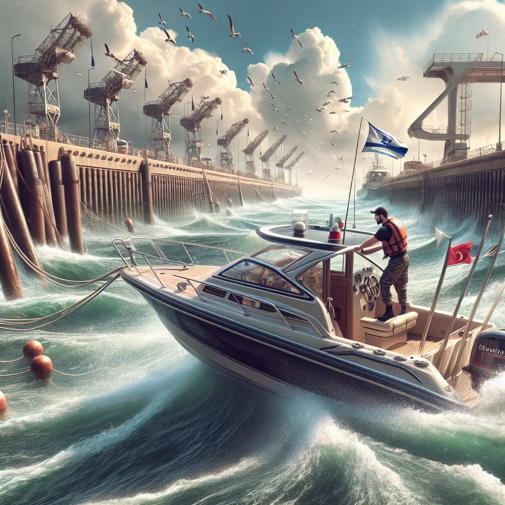 Hyper-realistic maritime scene showing a motorboat carefully approaching a dock in challenging weather conditions with visible crosswinds bending the flags and rippling the water, while tidal currents create visible lateral water flows pushing the boat sideways; the captain is focused and adjusting the rudder, with mooring lines ready and harbor infrastructure in the background under a partly cloudy sky.