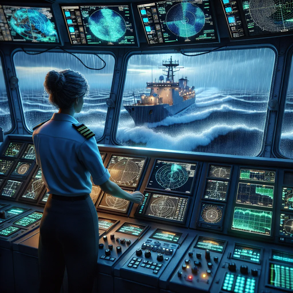 Hyper-realistic maritime bridge scene during twilight, showing a modern ship’s radar display touch screen with clutter filtering activated, overlaid with sea surface view through bridge windows where moderate waves with whitecaps and light rain fall can be seen, emphasizing radar signal interference from sea clutter and rain clutter, detailed instrumentation panels illuminated with blue and green light, and a focused officer adjusting radar gain knobs, capturing the complexity of radar tuning under challenging weather conditions
