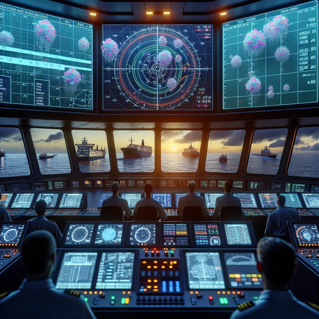 Hyper-realistic maritime bridge scene at dusk showing a large cargo vessel’s radar and AIS display screens vividly illuminated. The bridge crew is closely monitoring a dynamic digital maritime traffic map with multiple AIS targets highlighted in different colors, indicating various vessel types and risk levels. Outside the panoramic windows, several vessels are visible navigating in moderate sea conditions with precise radar sea and rain clutter adjustments on the multifunction display, conveying a highly technical and professional shipboard navigation environment.