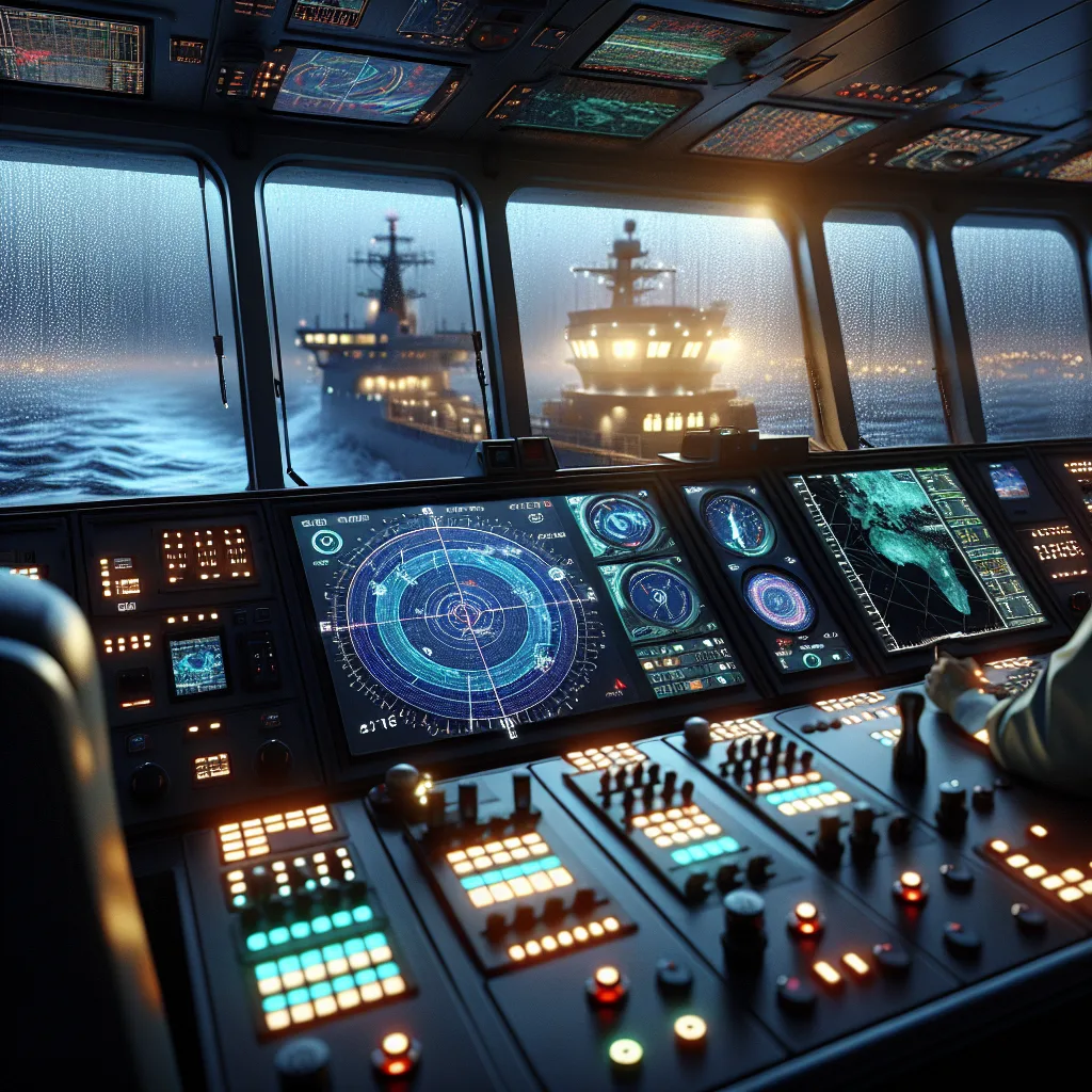 A hyper-realistic maritime bridge scene at dusk, showing a detailed radar display with clutter adjustments visible on the screen, a captain and navigator focusing on the equipment, rain droplets sliding down the bridge windows reflecting external ship lights, rough sea with visible waves in the background, and high-tech marine electronics consoles all under soft ambient lighting highlighting technical instruments and vessel controls.