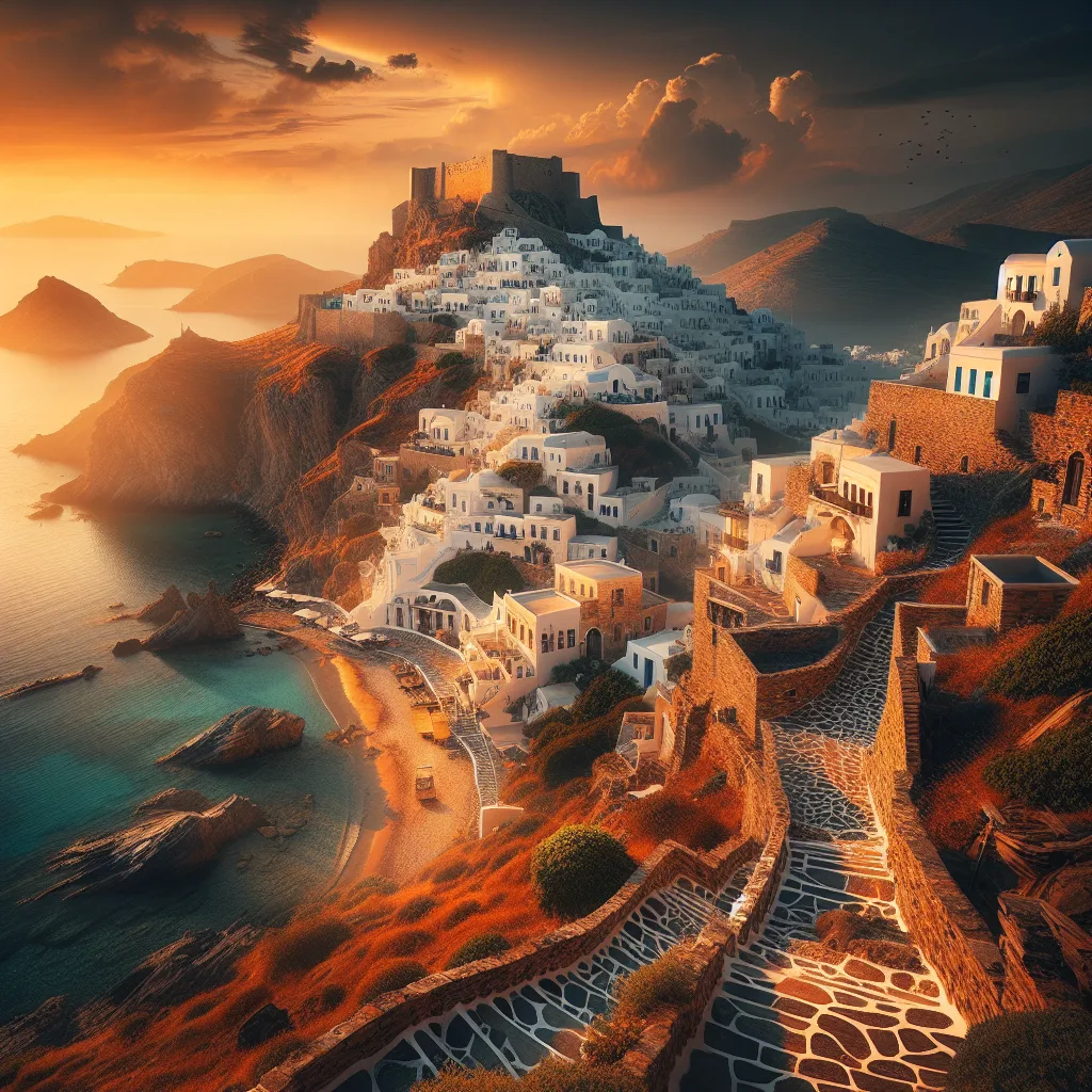 Αστυπάλαια, Δωδεκάνησα, υπερ-ρεαλιστικό τοπίο με λευκά κυκλαδίτικα σπίτια στον λόφο, λιθόστρωτα σοκάκια, επιβλητικό μεσαιωνικό κάστρο στο ηλιοβασίλεμα, κρυστάλλινες παραλίες με χρυσή άμμο και γαλάζια νερά, δραματικοί βραχώδεις σχηματισμοί και μονοπάτια μέσα σε καταπράσινη φύση, καλοκαιρινή ημέρα με έντονο φως, κινηματογραφική ατμόσφαιρα, εξαιρετική λεπτομέρεια στις υφές και χρώματα
