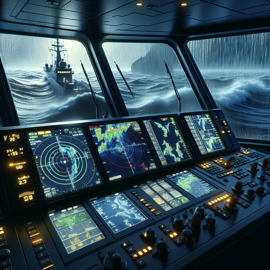 Hyper-realistic maritime radar system control panel aboard a modern ship's bridge at night, displaying vivid radar screen visuals with optimized tuning and gain settings. The radar sweep shows distinct targets against sea clutter with visible rain interference filtered out, ambient lighting highlights the detailed instruments, and a stormy ocean with heavy rain and high waves is visible through the bridge windows.