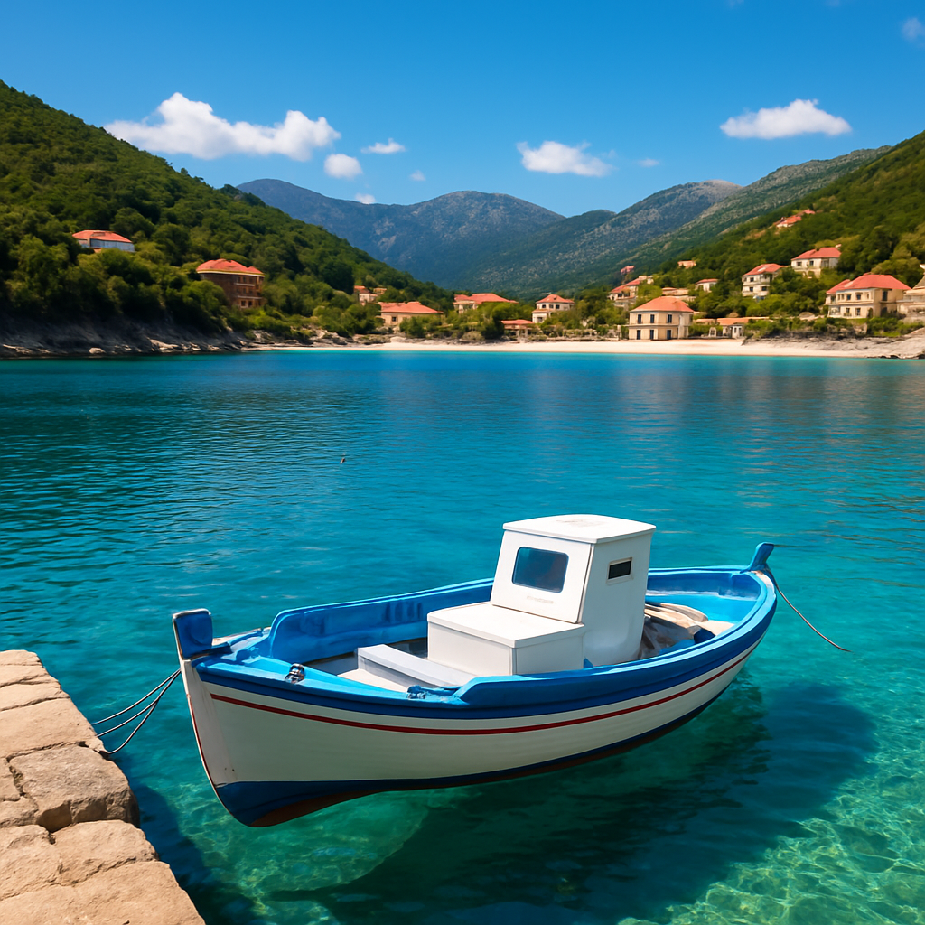 Μικρό σκάφος στο λιμάνι της Άσσου, με φόντο τις παραλίες της Κεφαλονιάς
