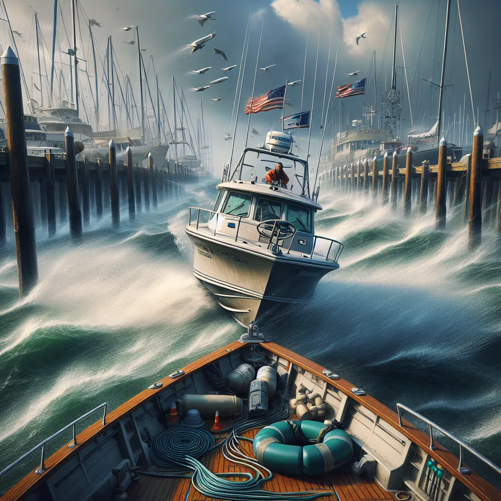 A hyper-realistic, detailed image showing a small motorboat approaching a dock in choppy waters with visible strong crosswinds blowing from right to left. The boat's bow is angled slightly against the wind, with water spray visible near the hull. The dock features mooring lines and fenders, and there is a harbor backdrop with cranes and moored vessels under a partly cloudy sky. The image emphasizes wind effects on the boat and the pilot skillfully using the helm and throttle to counteract the forces.