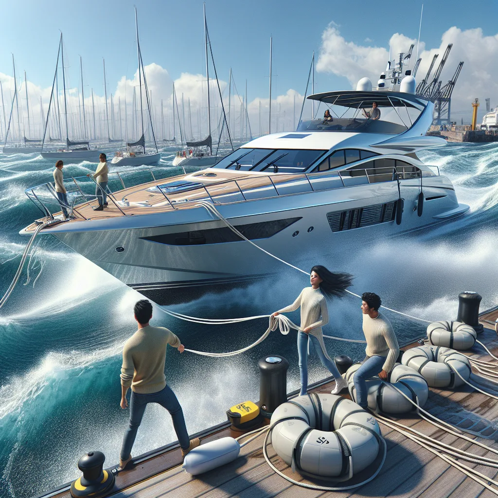 A hyper-realistic scene of a modern motor yacht carefully approaching a marina dock under strong crosswind and noticeable side current in clear blue waters. The yacht is angled slightly against the wind and current, with visible wave patterns illustrating the side forces. Crew members are actively handling lines ready for mooring, while fenders are rigged along the hull. The background shows a sunny sky with distant sailboats and a port crane, emphasizing the busy harbor environment.
