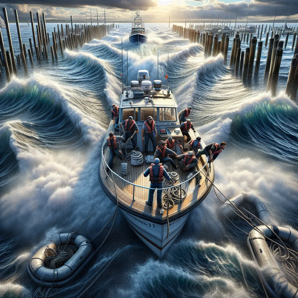 A hyper-realistic maritime scene showing a motorboat carefully approaching a dock in choppy waters with visible side wind and water currents, ropes being prepared by crew on deck, detailed waves reflecting sunlight, a cloudy sky with moderate wind indications, and a harbor in the background with pilings and mooring buoys.