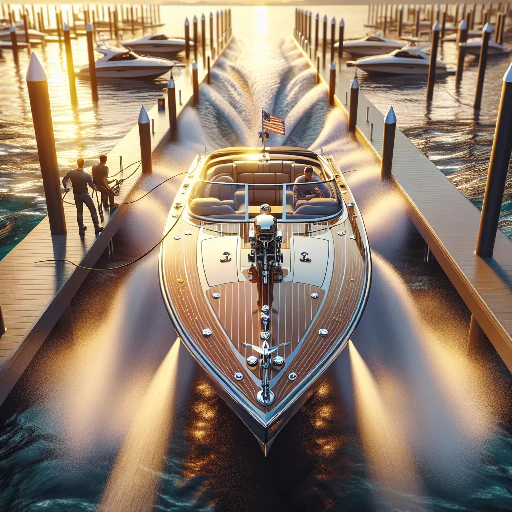 A hyper-realistic scene showing a motorboat approaching a dock under crosswind and crosscurrent conditions during golden hour, with the boat's bow slightly angled against the wind and water flow, dock workers ready with mooring lines, gentle ripples on the water surface indicating lateral currents, and billowing flags showing wind direction, all set in a modern marina environment with vivid reflections and detailed textures on water and boat hull.