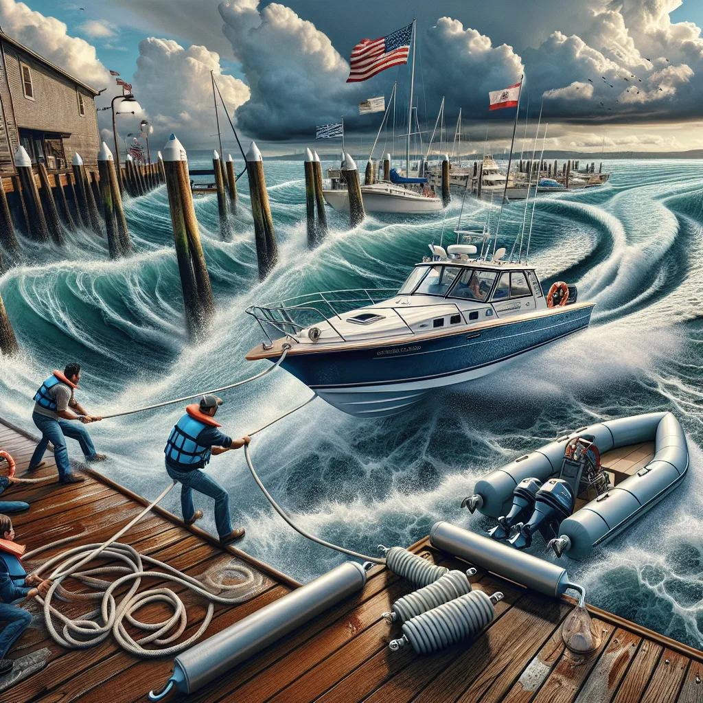 Hyper-realistic illustration of a motorboat approaching a dock in a harbor under strong crosswind and visible current effects, with the boat carefully angled to compensate for forces, detailed textured water showing flow direction, fenders rigged along the hull for protection, mooring crew ready with spring lines, dramatic cloudy sky with wind movement effects on flags, a vivid maritime atmosphere depicting the challenge and precision of docking under such conditions