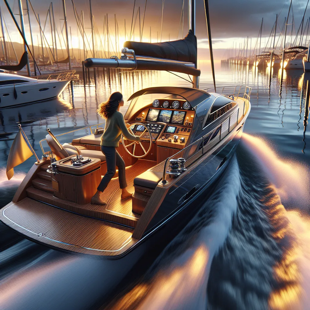 A hyper-realistic image of a motor yacht approaching a marina berth under crosswind and crosscurrent conditions, with visible water currents pushing sideways and wind effects evident on the sails and flags, showing a calm harbor setting at golden hour, detailed reflections on water, and a skilled captain maneuvering the wheel inside the helm station, emphasizing precise navigation and docking technique