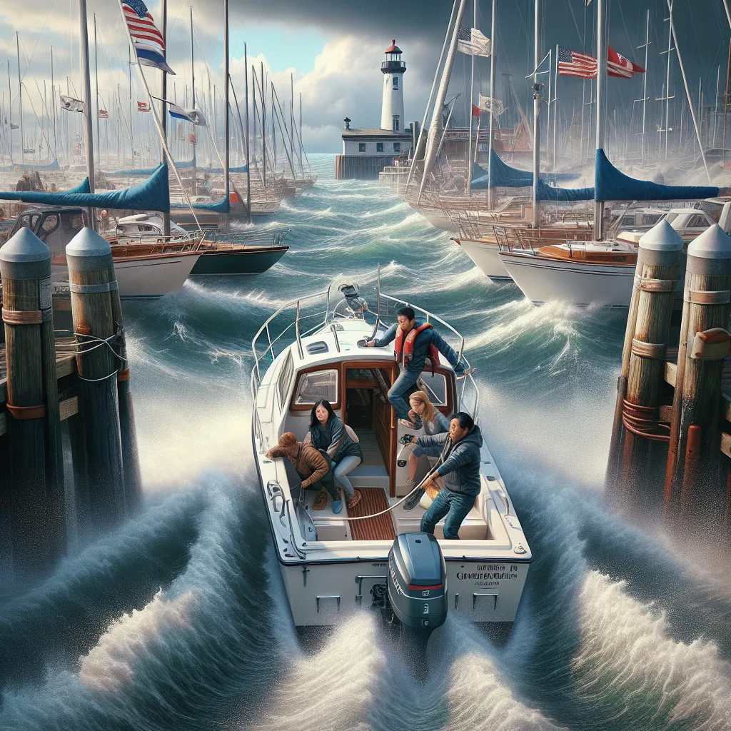 A hyper-realistic image showing a small motorboat approaching a busy marina dock with a strong crosswind visible by the water spray and flags fluttering sideways. The boat is maneuvering carefully with crew on deck holding spring lines, and the water showing visible crosscurrents pushing against the hull. In the background are moored sailboats and a lighthouse under a cloudy sky, illustrating dynamic maritime conditions during docking.