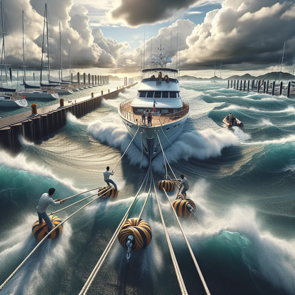 A hyper-realistic image showing a medium-sized yacht carefully approaching a dock in a marina during windy conditions, with visible side waves indicating a strong crosswind and an ocean current pushing along the pier. The crew is actively handling mooring lines, and the fenders are properly arranged along the hull. The sky is partly cloudy and sunlight reflects on the water, highlighting precise boat handling under challenging environmental influences.