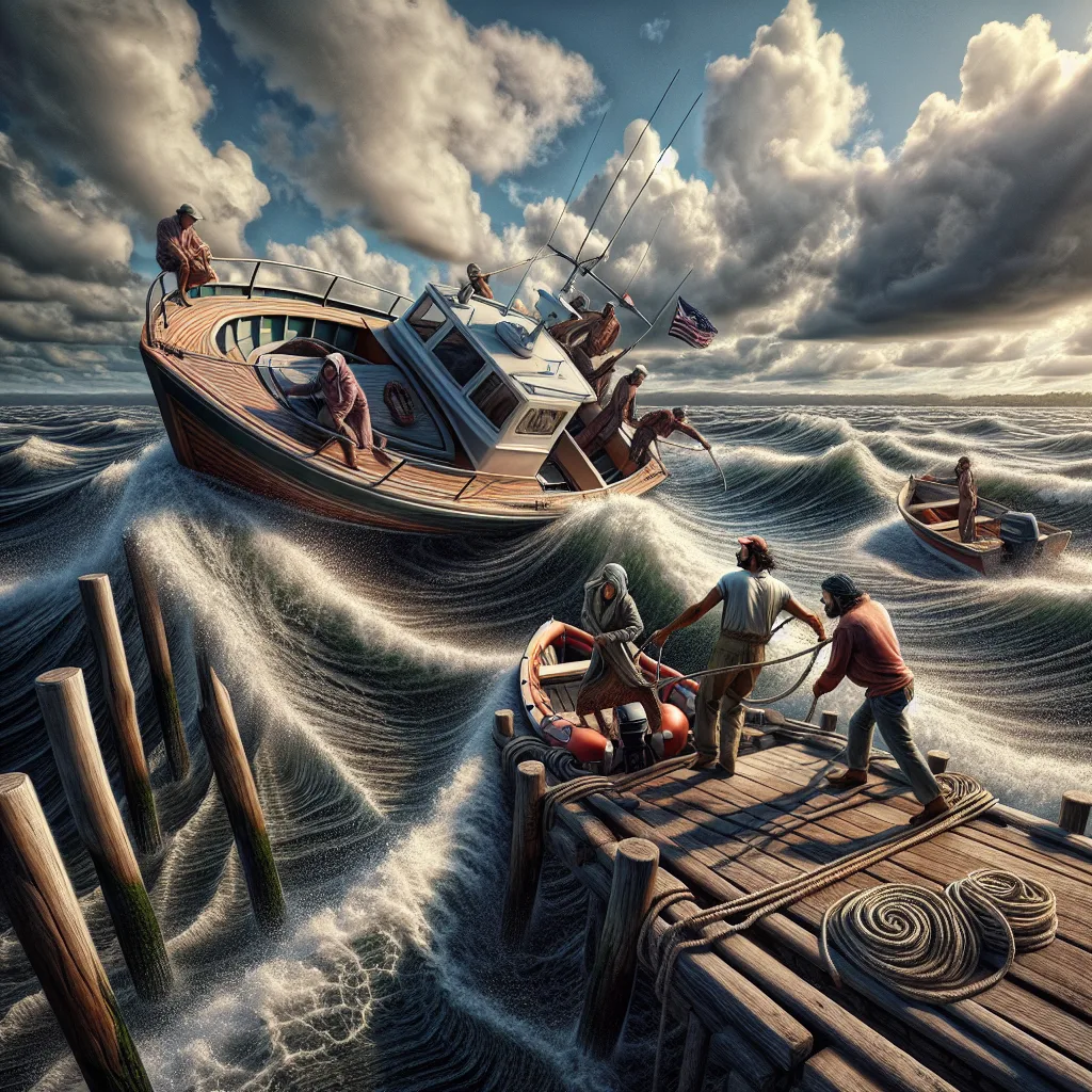 Hyper-realistic image of a small motorboat carefully approaching a dock in windy coastal conditions, visible side wind pushing the boat, rippling water showing cross-current, boat crew handling ropes and fenders, detailed textures of wood dock and water reflections, dramatic sky with scattered clouds, emphasis on navigation skill and seamanship