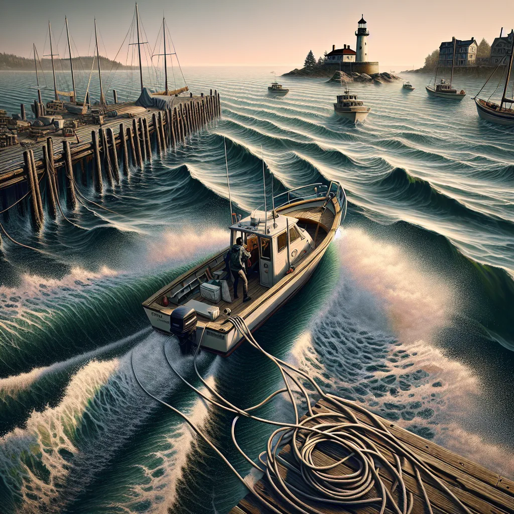 A hyper-realistic maritime digital painting depicting a small motorboat approaching a dock in a busy harbor with visible crosswinds blowing from the side and tidal currents flowing perpendicular to the pier, water ripples showing current direction, the boat's captain skillfully steering with a focused expression, realistic waves against the hull, mooring lines ready on deck, and lighthouse and coastal buildings in the background under early morning light.