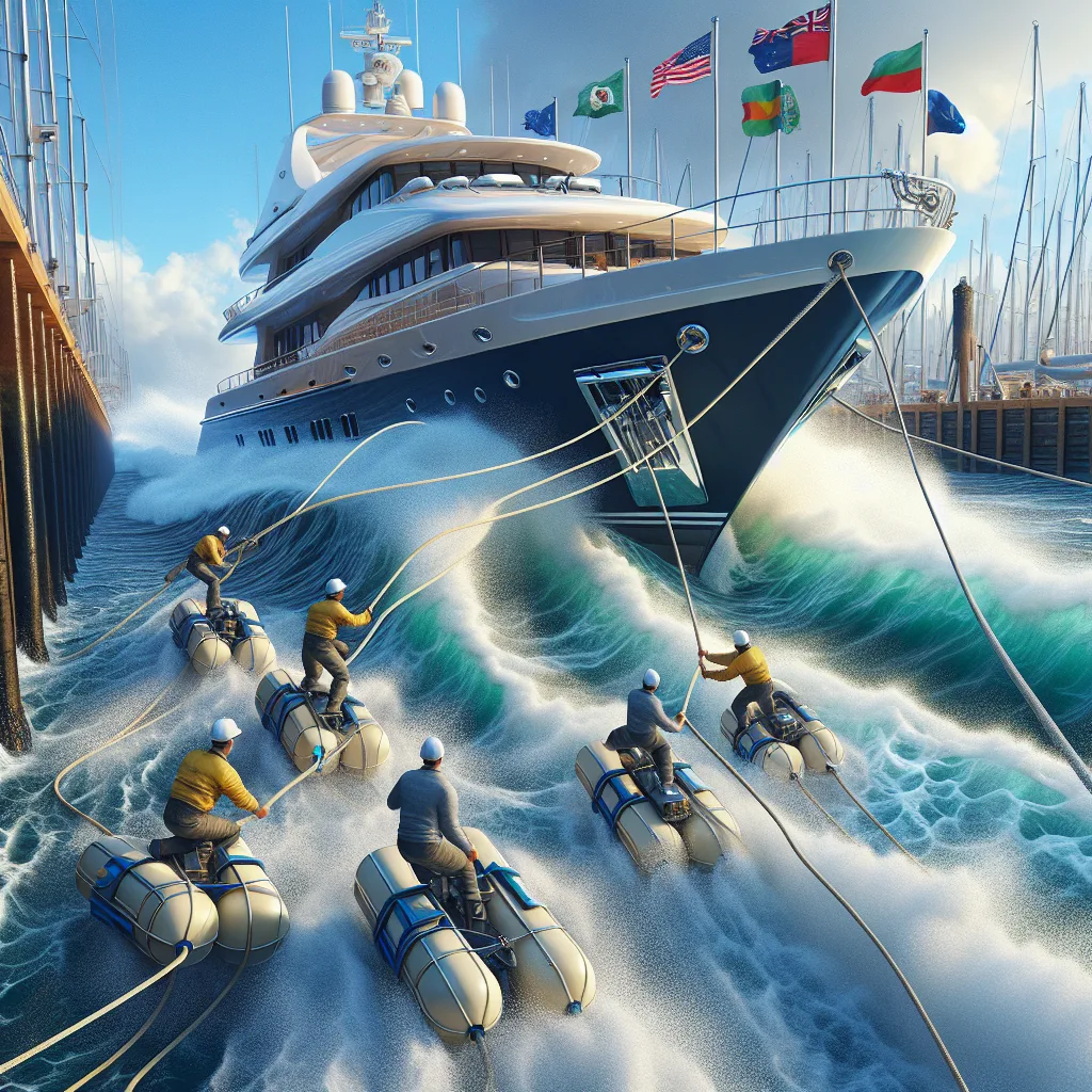 A hyper-realistic image of a motor yacht carefully approaching a dock under strong side wind and visible tidal current, water visibly rippling with currents, crew members adjusting mooring lines and spring lines, fenders deployed along the hull, with a vibrant blue sky and detailed harbor infrastructure in the background, showing dynamic wave patterns and wind effects on flags and water spray.
