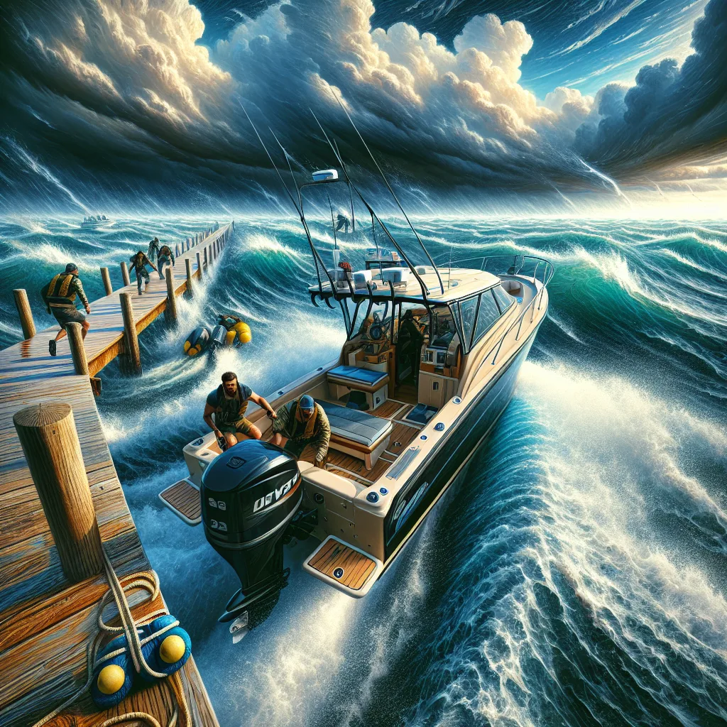 Hyper-realistic image of a small motorboat approaching a dock in a marina under strong crosswind and visible crosscurrent conditions, with the boat angled carefully towards the pier, crew members preparing fenders and dock lines, dynamic water effects showing current flow, and vivid sky indicating breezy weather, illustrating the careful maneuvering necessary in side wind and current conditions