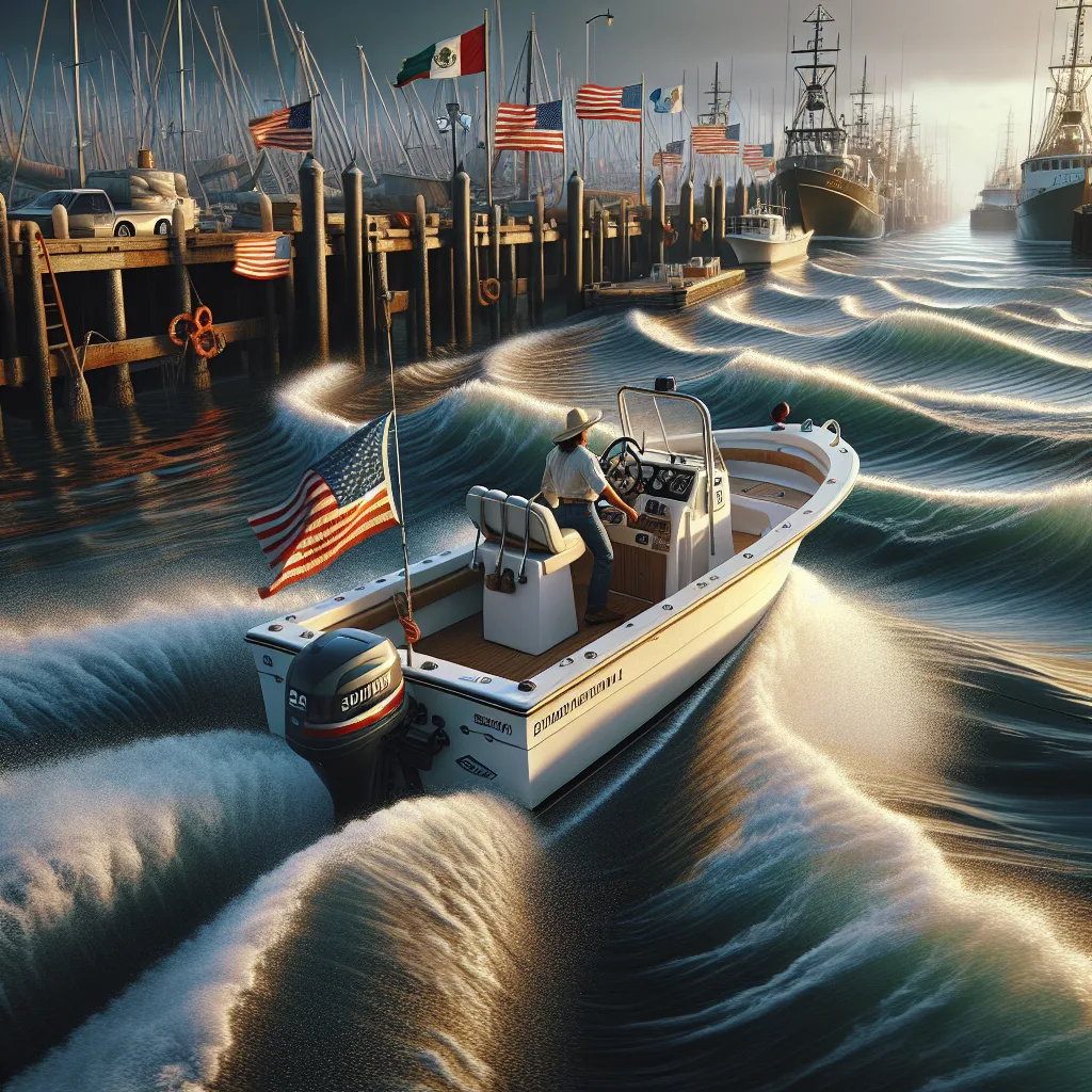 Hyper-realistic image of a small motorboat approaching a dock in a harbor with visible side wind blowing strong flags and water ripples showing crosscurrent; the boat is tilted slightly as the skipper carefully maneuvers using the helm; background shows port infrastructure with mooring lines and fenders; clear sky with late afternoon lighting emphasizing water texture and boat details.