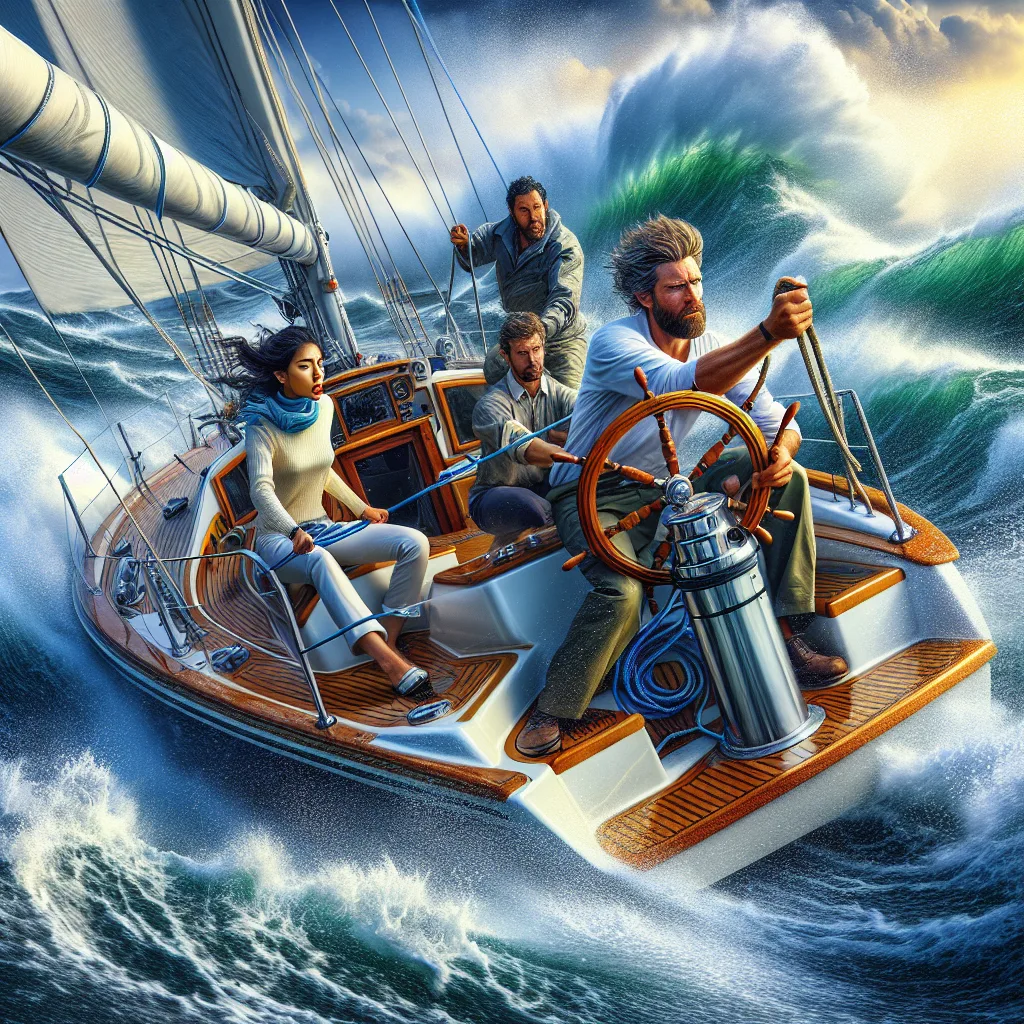 A hyper-realistic image of a small motorboat navigating choppy seas under strong crosswinds, with a skilled captain adjusting the steering wheel and crew members stabilizing the boat, dynamic waves splashing against the hull, vibrant sky showing gusty wind conditions, detailed rigging and water spray capturing the intensity of the wind and sea environment