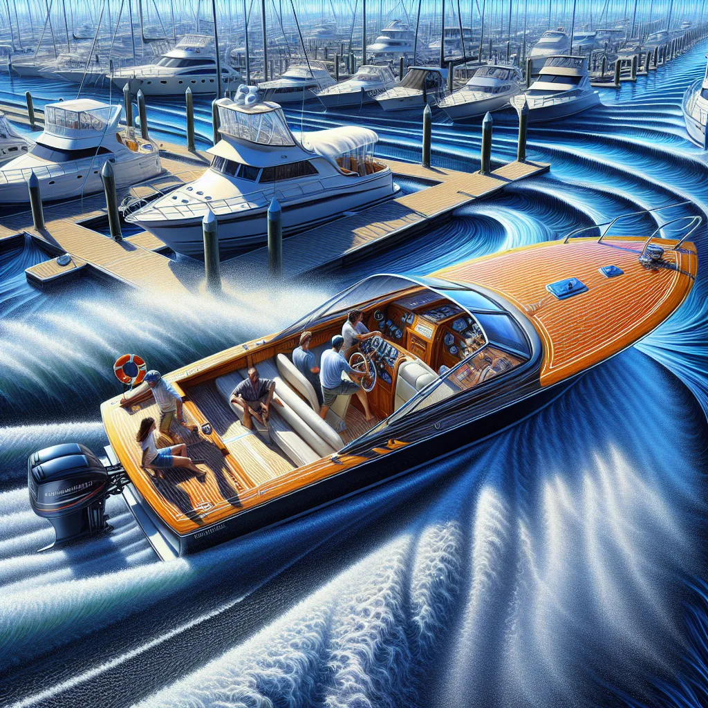 A hyper-realistic image of a motorboat carefully approaching a busy marina dock under a bright blue sky, with visible side winds pushing the boat sideways, detailed water currents flowing alongside the dock, boat crew members actively handling fenders and mooring lines, detailed reflections on the hull from the sunlight, and surrounding yachts and sailboats under dynamic weather conditions highlighting crosswind and crosscurrent navigation challenges.