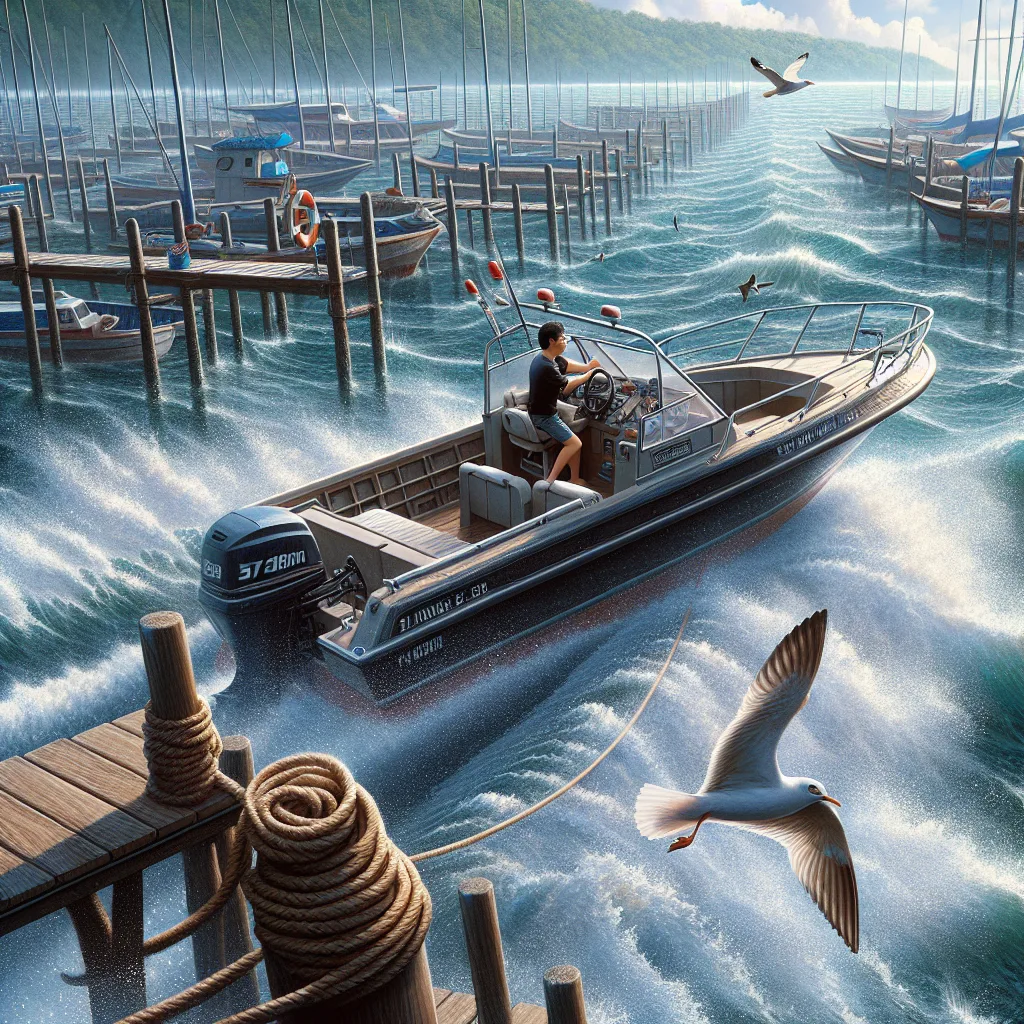 Hyper-realistic image of a motorboat approaching a dock in a harbor under afternoon light with visible strong lateral wind blowing flags and rippling water, waves pushing against the boat's side, captain carefully steering with a focused expression, spray of water caused by wind, detailed harbor surroundings with mooring buoys, ropes, and a seagull in flight above.