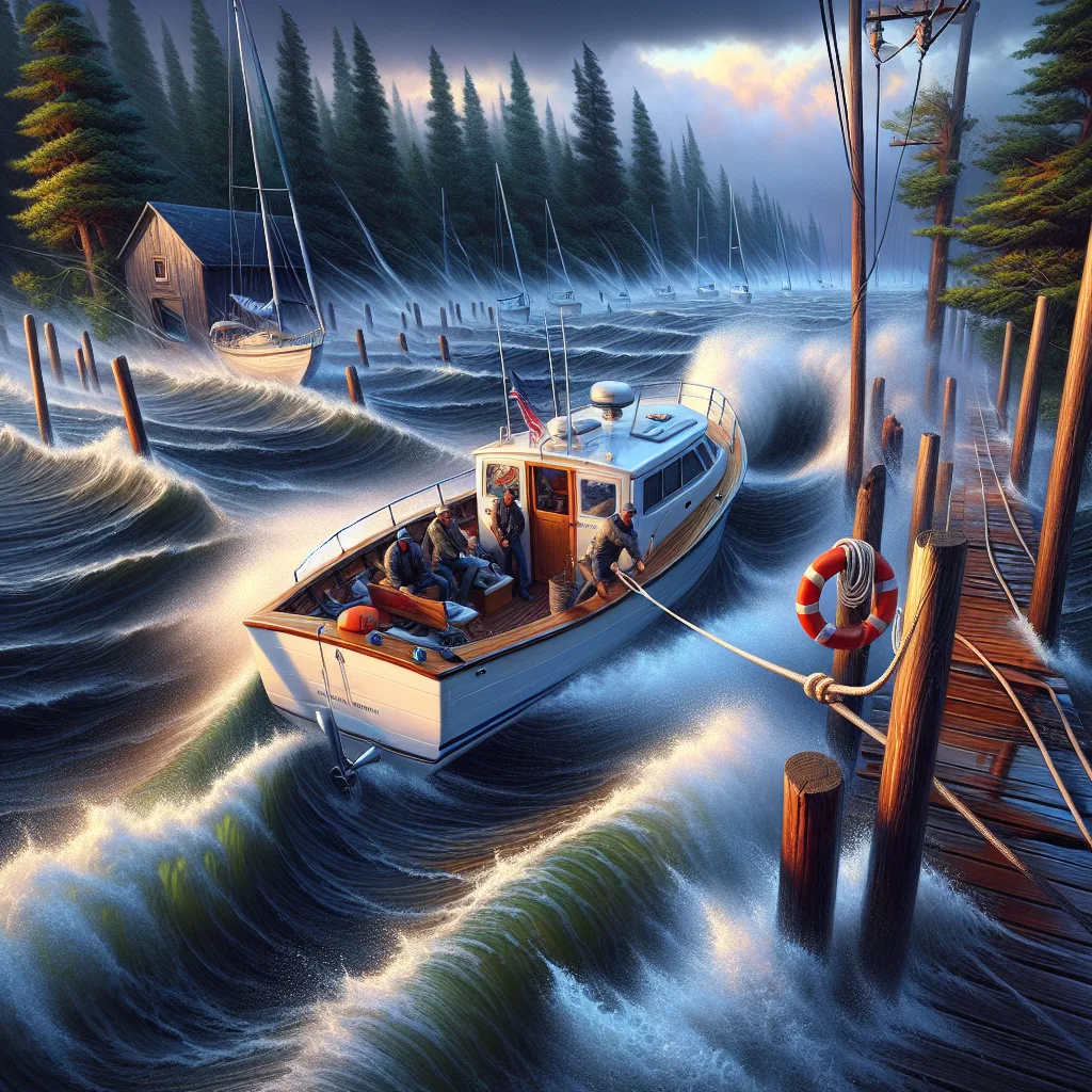 A hyper-realistic digital painting of a small motorboat maneuvering carefully towards a wooden dock, with visible crosswinds bending tall nearby trees and waves indicating a strong side current, detailed water reflections, sailors attentively handling the vessel with ropes and fenders, mooring lines ready, under a cloudy sky during late afternoon. The scene highlights the dynamic forces acting on the boat as it approaches the dock at an angle, emphasizing tension and skill.