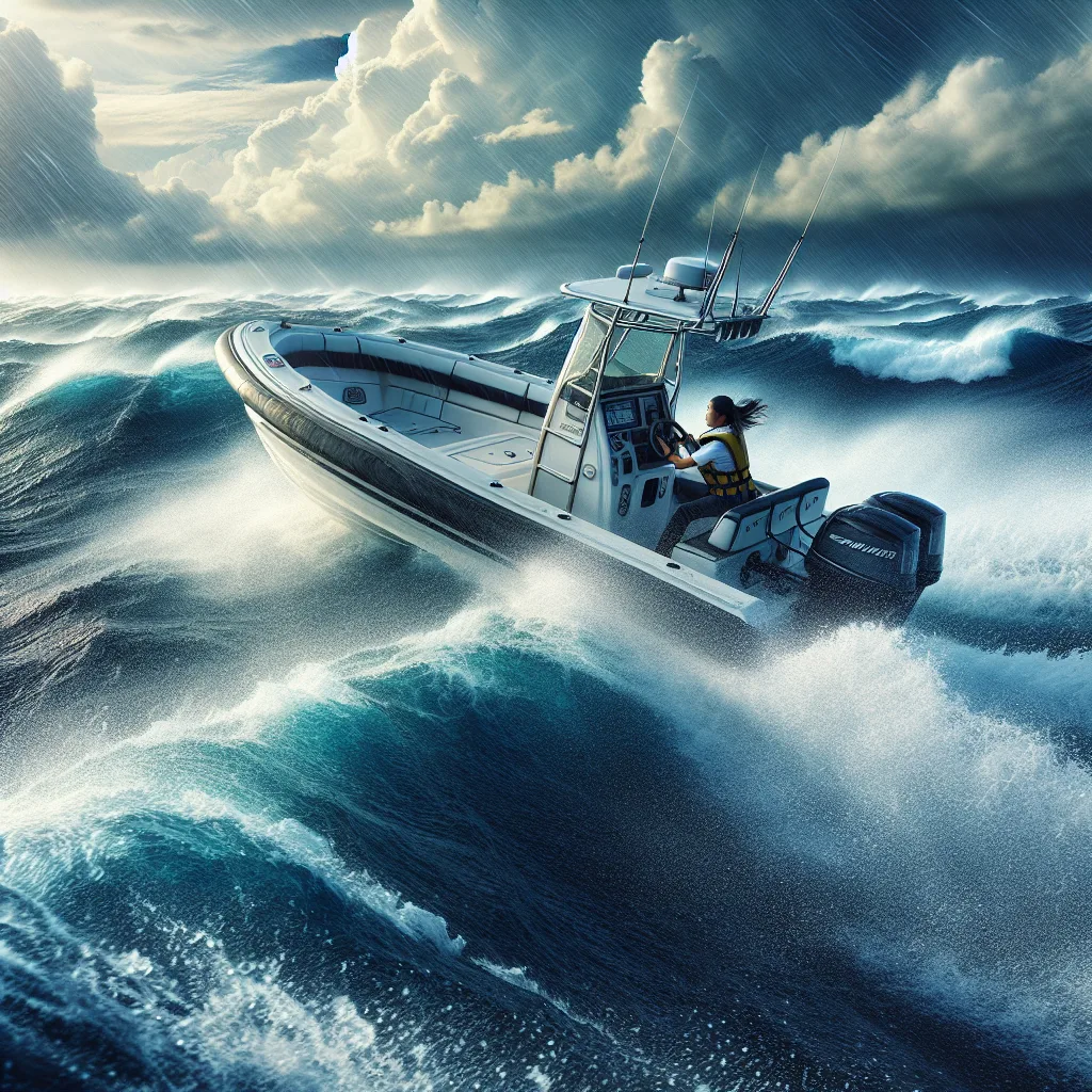 hyper-realistic image of a small motorboat navigating through choppy seas under strong crosswinds, the boat leaning slightly due to wind pressure, white-capped waves surrounding it, cloudy sky with dynamic lighting, detailed sea spray and wind-blown water droplets, a skilled skipper at the helm focused, wearing a safety vest and waterproof gear, vivid blue water and stormy clouds in the background, cinematic maritime atmosphere