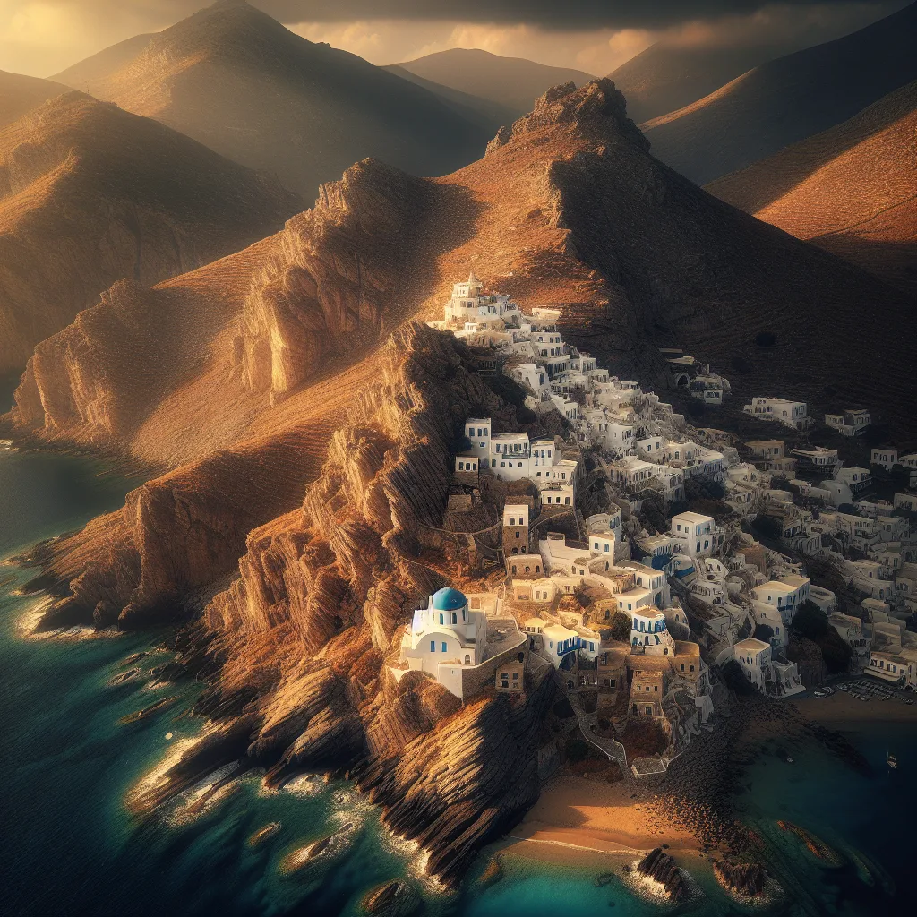 Amorgos island in the Cyclades with rugged cliffs and small sandy coves under golden hour light, featuring traditional whitewashed villages perched on rocky hillsides, ultra-detailed and cinematic, showcasing turquoise waters and the iconic blue-domed chapel of Panagia Hozoviotissa clinging to the cliffside.