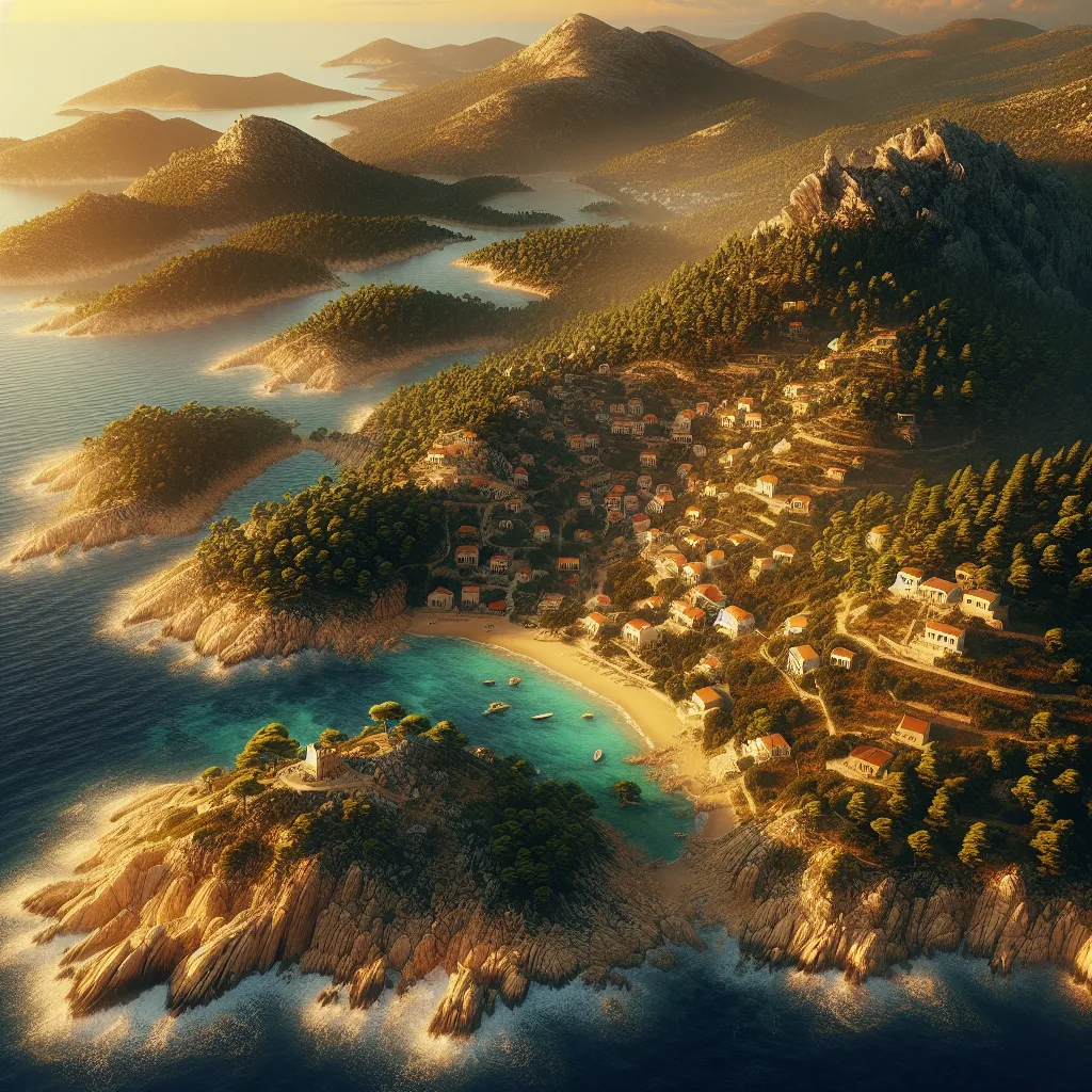 Hyper-realistic, cinematic, ultra-detailed landscape of Skyros island featuring rugged cliffs, sandy secluded beaches, and traditional scattered villages perched on hillsides under warm golden hour summer daylight. The image highlights vibrant coastal waters, lush green pine forests, and quaint stone houses with red-tiled roofs, capturing the authentic and untouched charm of this Sporades island.
