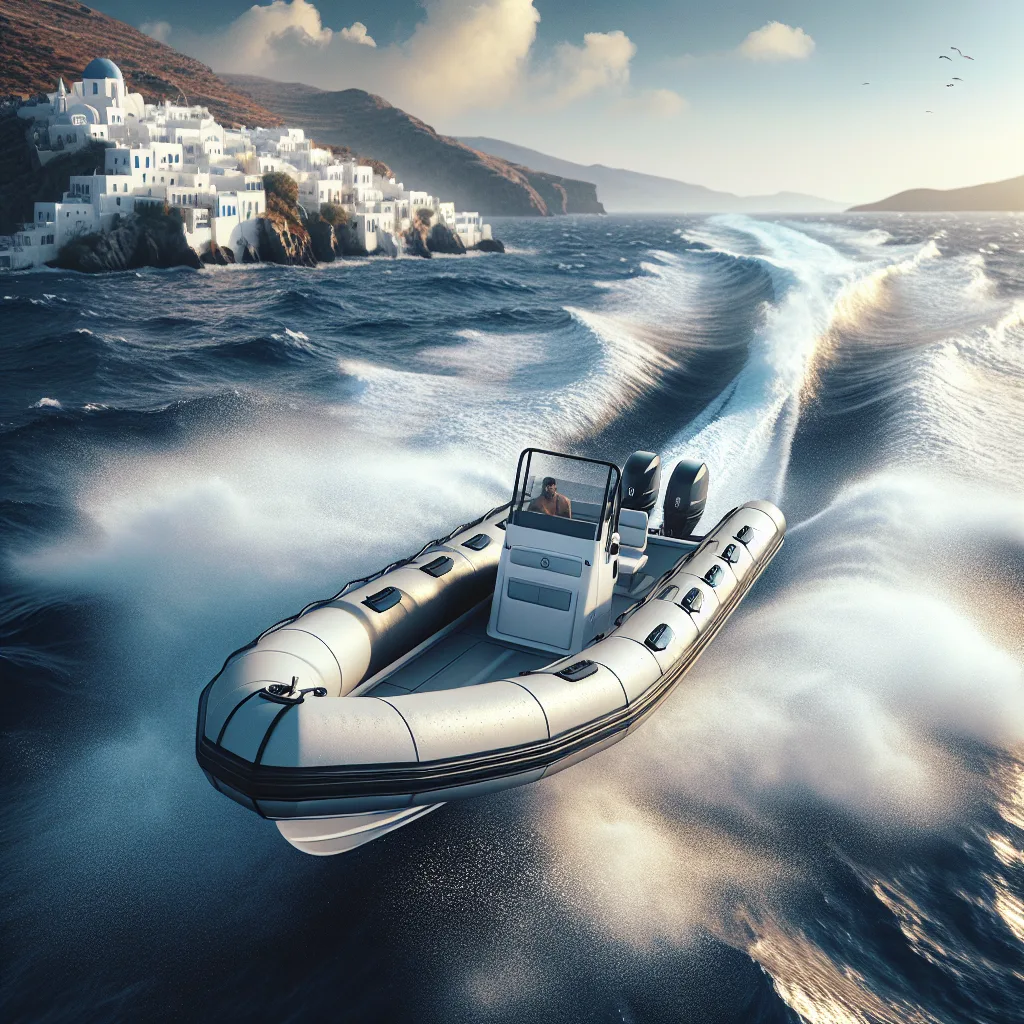 Ultra-realistic editorial photo, 8–9m Greek rigid inflatable boat (RIB) planing fast over Aegean chop near the Cyclades, white hull with dark tubes, sunlit spray, distant whitewashed island town on a hill, summer afternoon, crisp marine detail, natural colors, cinematic composition, magazine cover style, no logos, no readable text.