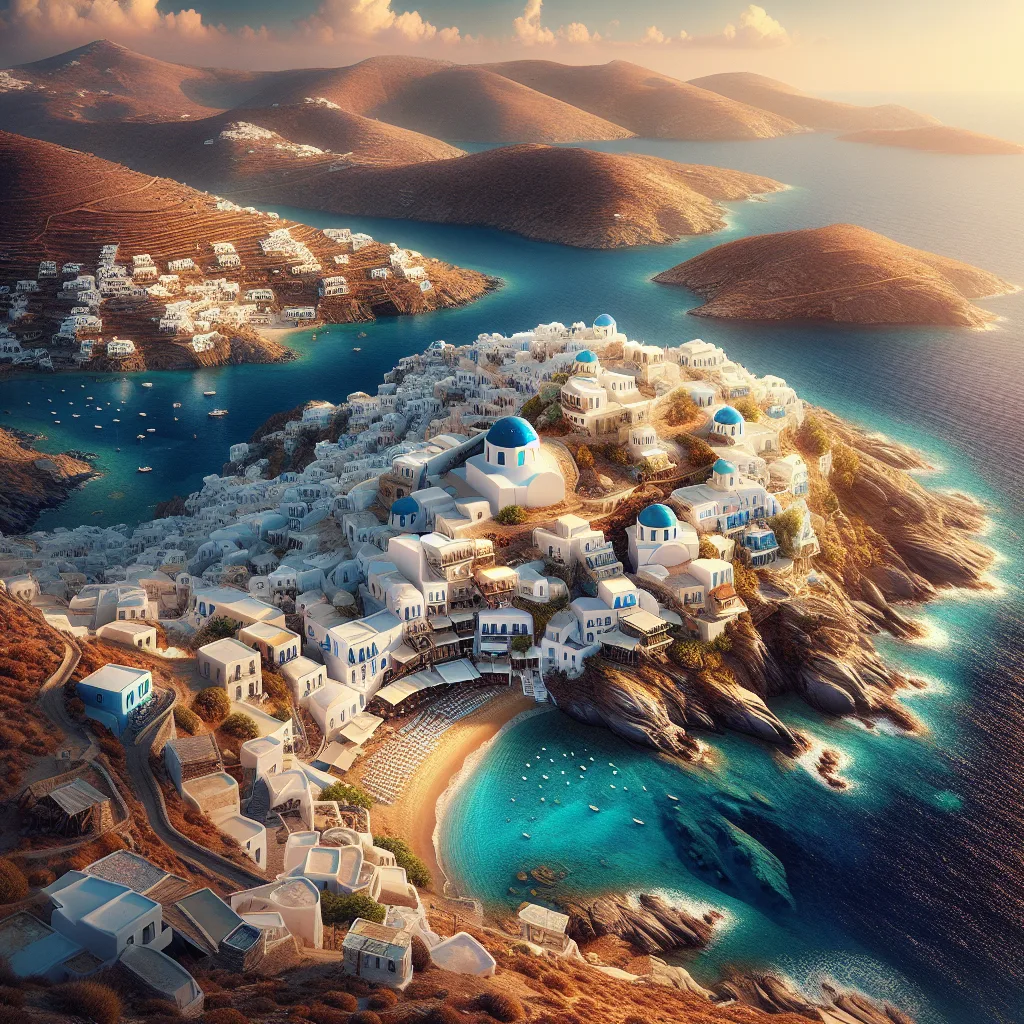 Hyper-realistic cinematic ultra-detailed view of Ios island in the Cyclades, featuring its whitewashed villages with blue-domed roofs perched on rugged cliffs overlooking turquoise sandy beaches and coves under warm golden hour summer daylight, emphasizing the unique blend of vibrant coastal life and traditional Aegean architecture.