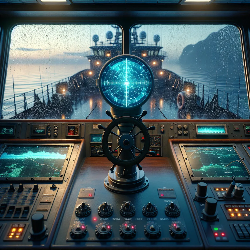 Hyper-realistic maritime radar display on a ship's bridge at dusk, showing a clear radar screen with optimized settings for gain, sea clutter, and rain clutter. Ambient details include the ship’s wheel, control panels with digital readouts, ocean waves reflecting radar signals, and light rain falling, creating subtle rain clutter effects on the radar screen. The background features a calm but cloudy sea horizon, emphasizing the technical precision and challenging conditions of radar operation.