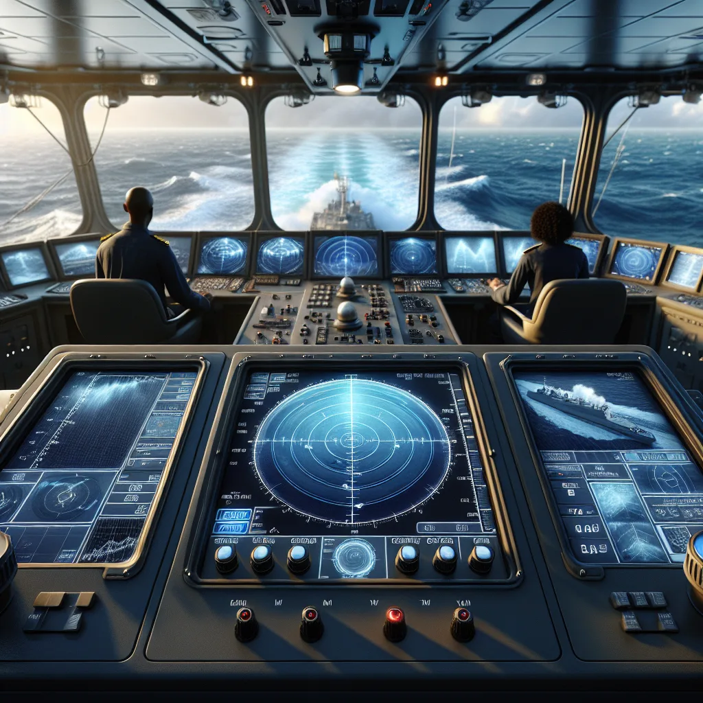 A hyper-realistic daytime maritime radar operation scene onboard a modern bridge. The radar display shows optimized gain settings with clear target echoes on a contrasting sea background exhibiting minimal sea clutter and rain interference. The ship's bridge features advanced marine electronics, polished instruments, and navigators adjusting radar control knobs, with rough sea visible through large windows. The lighting emphasizes the digital interface detail, reflecting a high-tech safe navigation environment.