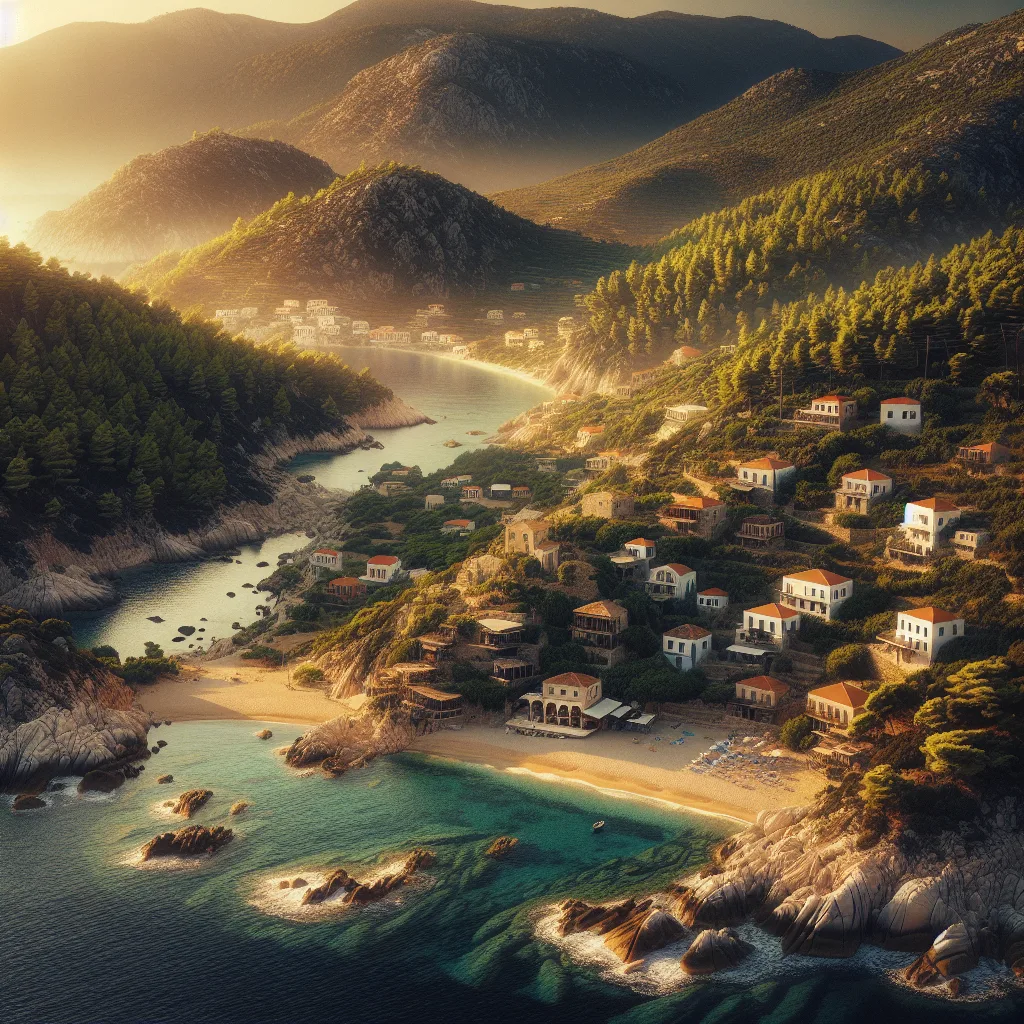 Hyper-realistic cinematic ultra-detailed depiction of Ikaria island in summer daylight featuring rugged cliffs, pristine sandy coves like Seitan Limania, traditional villages with whitewashed houses and red-tiled roofs nestled in lush green hills, golden hour sunlight casting warm tones on dense pine forests and azure Aegean waters surrounding the island