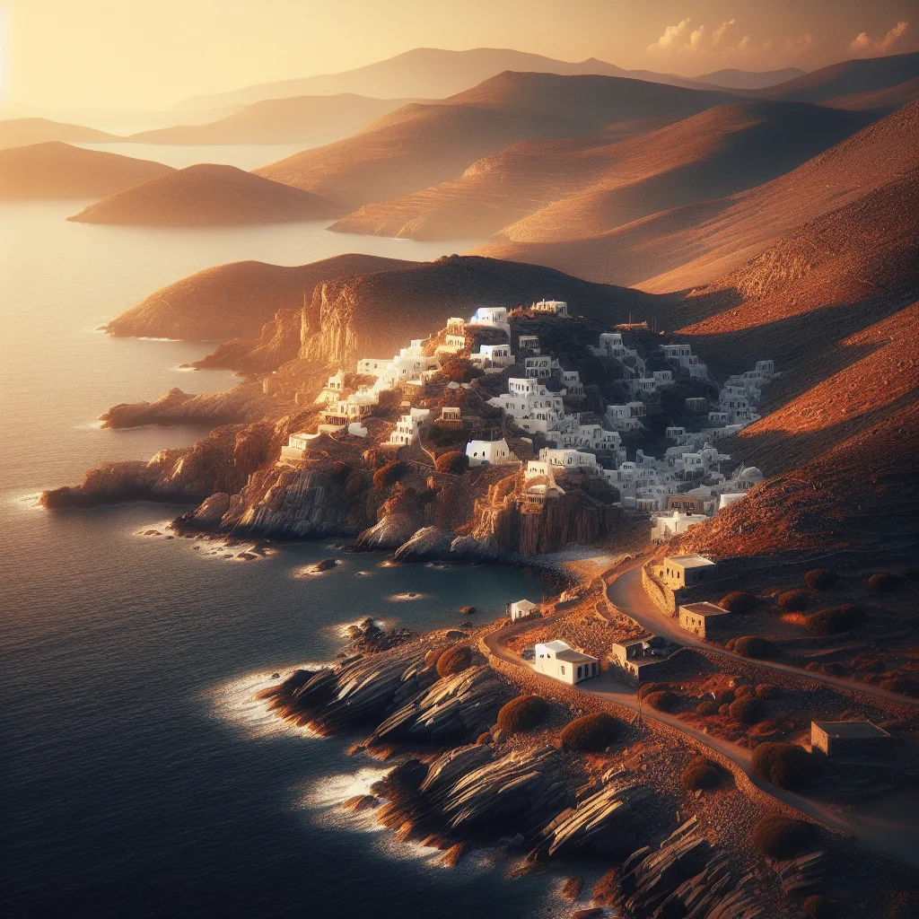 Levisa island in the Small Cyclades, detailed seascape with rugged cliffs and secluded coves, sandy and pebble beaches, small whitewashed villages scattered on rocky hillsides, summer golden hour light casting warm shadows, hyper-realistic cinematic ultra-detailed style showcasing the contrast between the wild natural environment and the serene human settlements