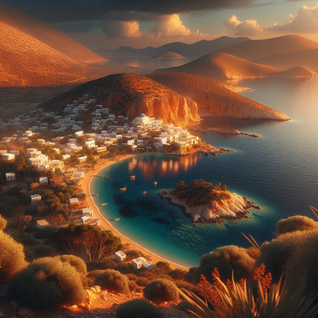 Ηρακλειά, μικρό νησί των Μικρών Κυκλάδων με λευκά παραδοσιακά χωριά, απόκρημνα πορτοκαλίς βράχια και κρυστάλλινες αμμώδεις παραλίες. Απεικόνιση στη χρυσή ώρα του καλοκαιριού, υπερ-ρεαλιστική, κινηματογραφική, με υπερλεπτομέρεια σε τοπία και φωτισμό, που αναδεικνύει τα ήρεμα γαλάζια νερά και τα πυκνά αρωματικά φυτά που αγκαλιάζουν το νησί.