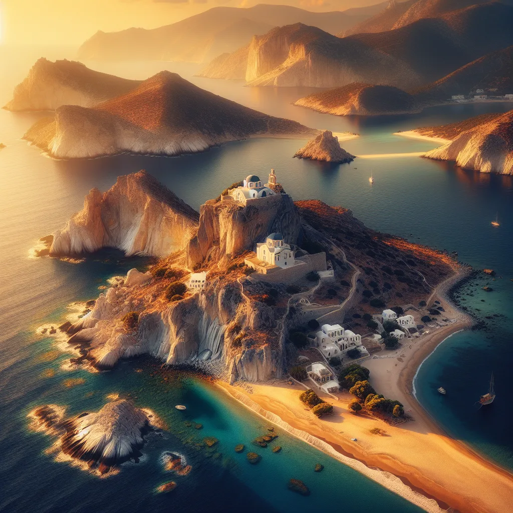 Hyper-realistic cinematic ultra-detailed depiction of Amorgos island in the Small Cyclades featuring its steep cliffs with the whitewashed monastery of Hozoviotissa hugging the rock face, golden hour summer daylight casting warm hues over sparkling deep blue Aegean Sea. Sandy coves and isolated beaches like Agia Anna visible, traditional Cycladic villages with white houses and blue domes nestled on hillsides overlooking crystal-clear waters.