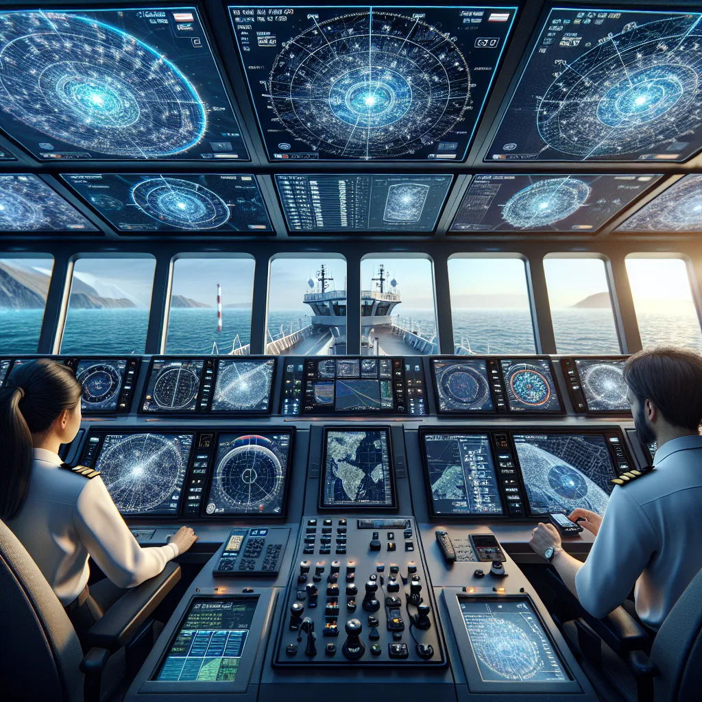Hyper-realistic maritime bridge scene showing a modern vessel's navigation console with multiple GNSS receivers and displays active, including GPS, GLONASS, and Galileo signals; detailed simulated satellite constellation graphics on the screens; the captain and navigator analyzing radar and ECDIS overlay, with a serene sea background visible through panoramic windows under clear skies, emphasizing advanced navigation technology integration.