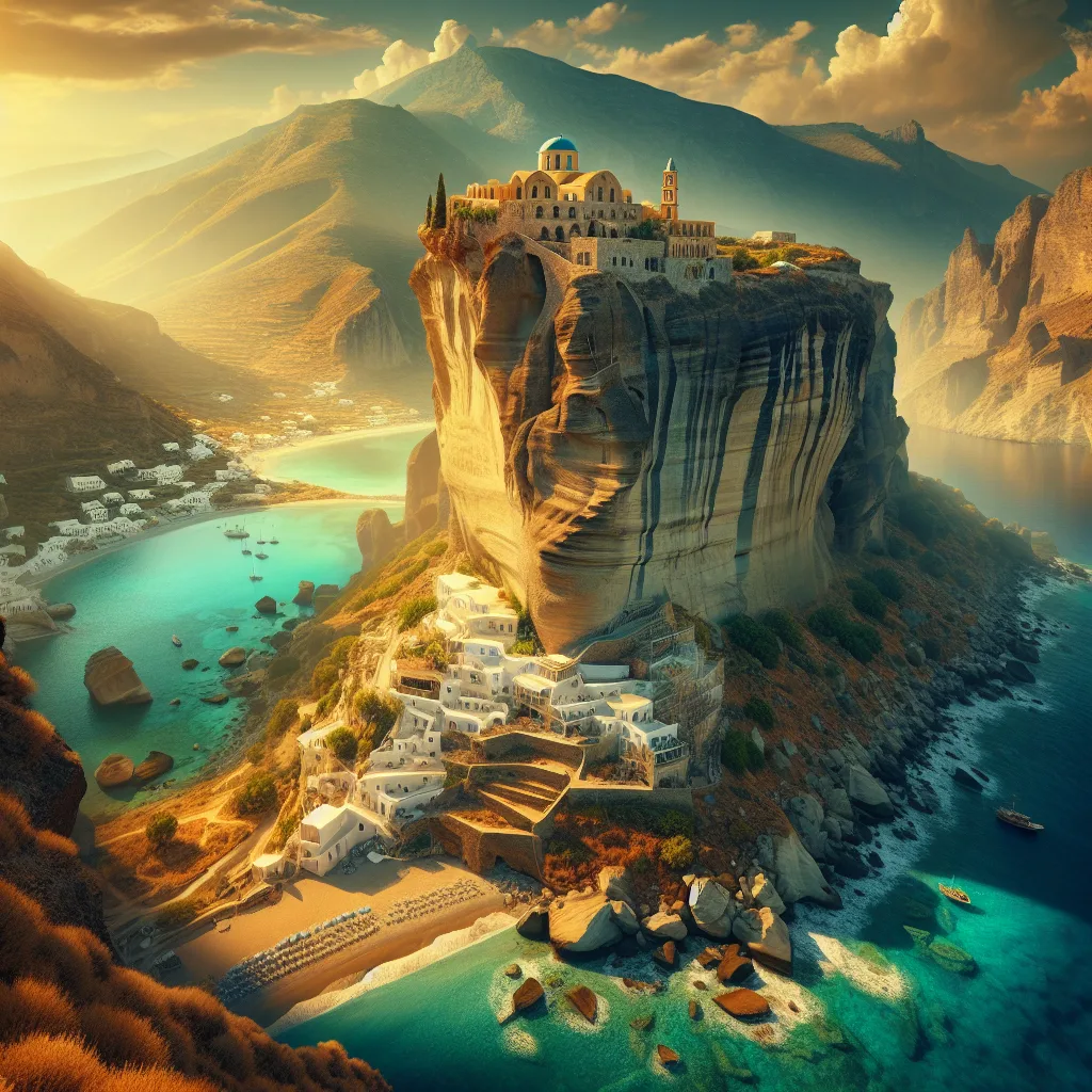 Hyper-realistic cinematic ultra-detailed depiction of Amorgos island featuring its iconic cliffs and azure sandy beaches under golden hour summer daylight. Showcasing the dramatic vertical monastery of Hozoviotissa clinging to the cliffside with picturesque Cycladic whitewashed villages nestled on hills, turquoise coves with crystal-clear waters and a rugged coastline blending natural beauty with serene seaside villages.