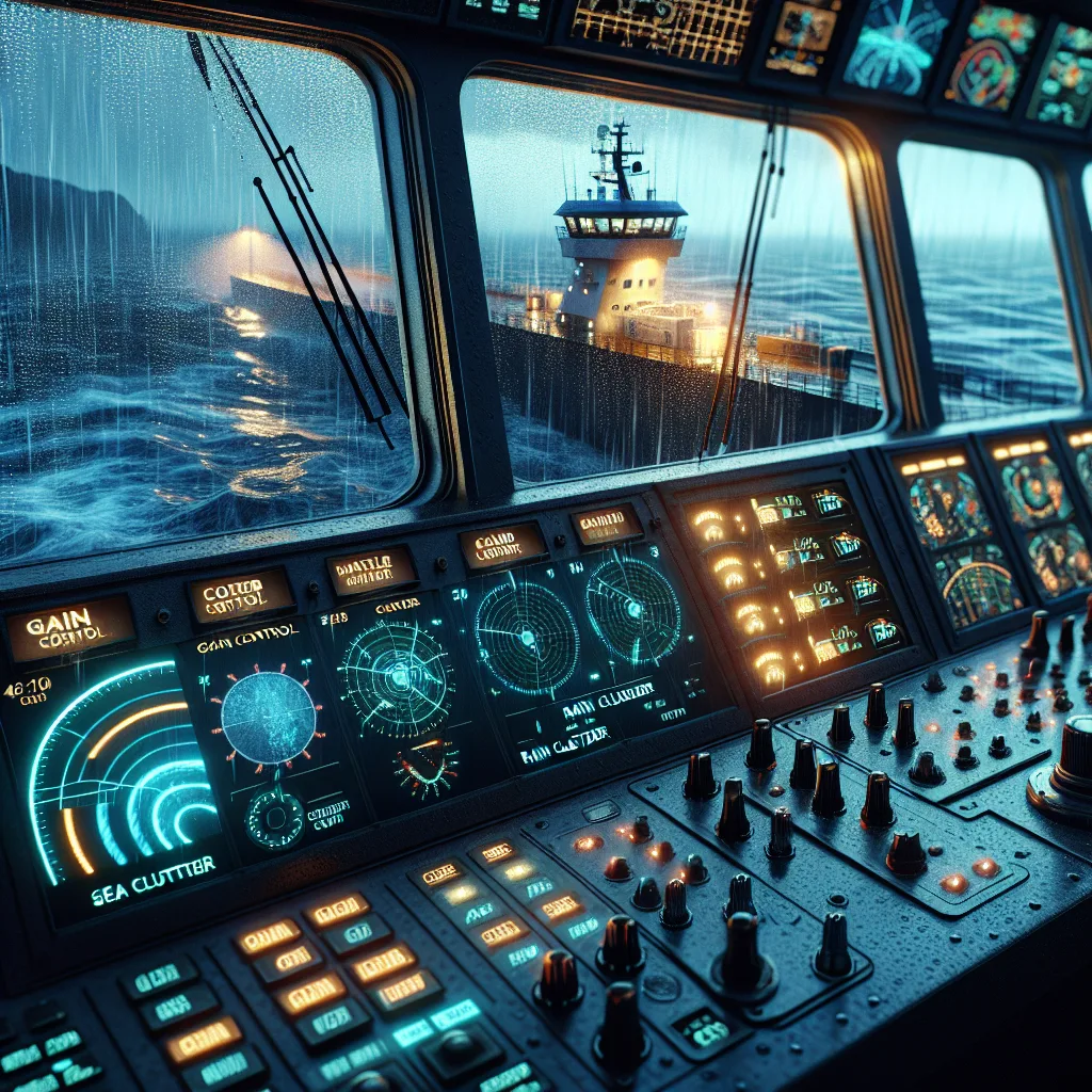 Hyper-realistic maritime bridge scene at dusk showing a radar display with clearly visible gain, sea clutter, and rain clutter controls. The ship's bridge instruments glow softly with reflections on wet surfaces. Outside the window, moderate rain falls on the ocean while waves create sea clutter on the radar screen. The radar display is detailed, with target returns, clutter suppression active, and the operator adjusting the gain knob carefully. The setting emphasizes high-technology marine navigation equipment in active use under challenging weather conditions.