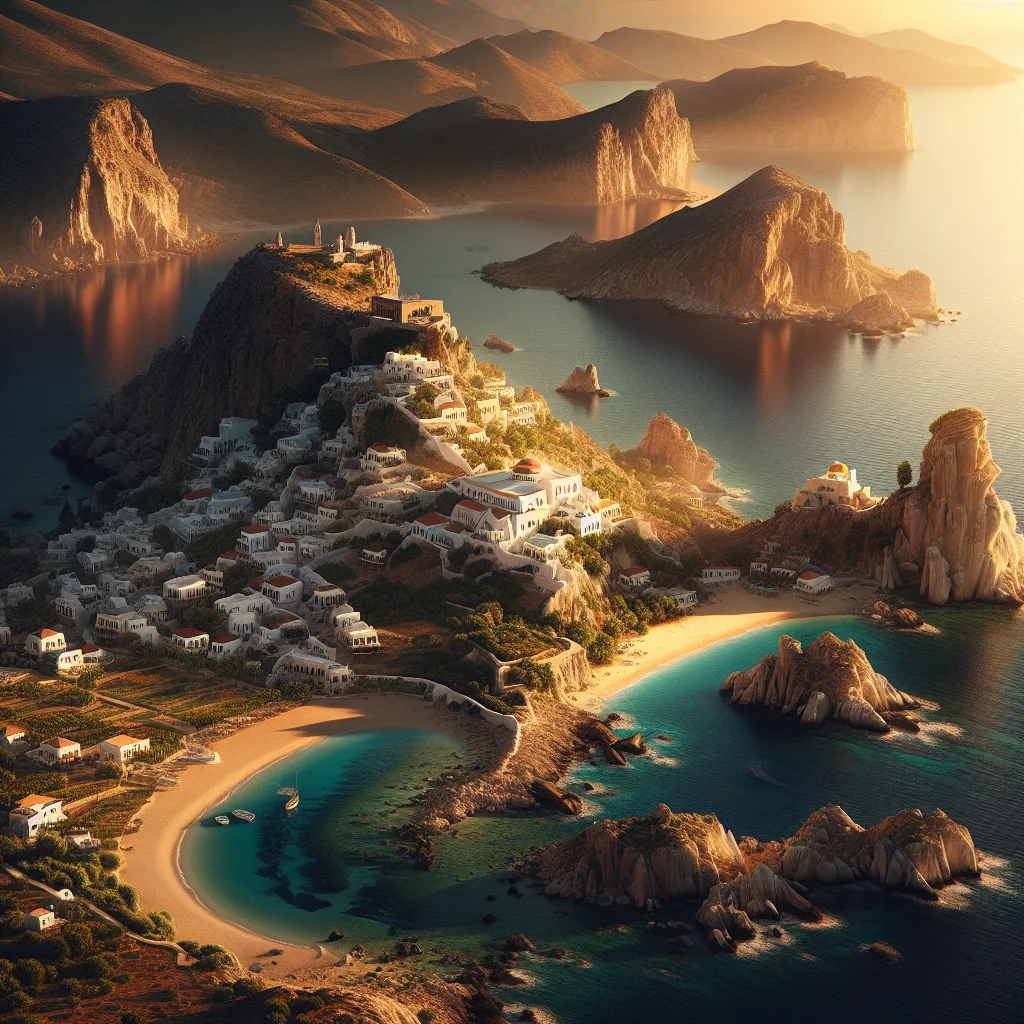 Hyper-realistic cinematic depiction of Amorgos island in the Cyclades during golden hour sunlight, featuring its rugged cliffs, pristine sandy beaches like Agia Anna cove, traditional whitewashed Cycladic villages perched on hillsides, and the iconic monastery of Hozoviotissa clinging to the rocky precipice. Ultra-detailed landscape capturing the deep blue Aegean Sea contrasts, textured stone buildings, and lush terraced greenery.