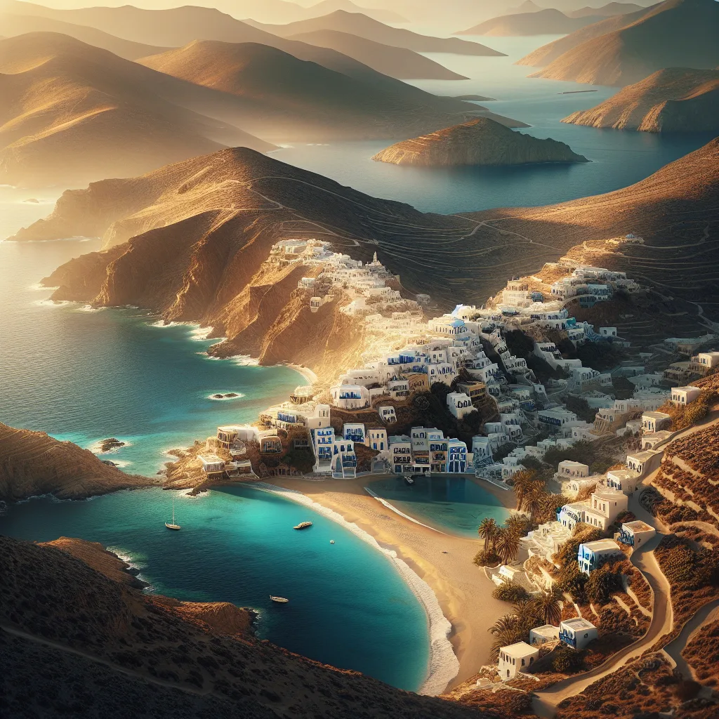 Aegiali village and rugged cliffs of Amorgos island, Cyclades, with crystal clear turquoise bays and sandy coves. Golden hour lighting highlighting traditional whitewashed houses with blue accents perched on terraced slopes. Hyper-realistic, cinematic and ultra-detailed style capturing the dramatic landscape and serene Aegean sea.